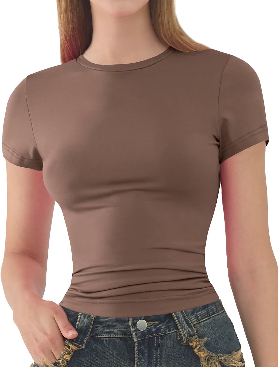 Detalle de Kurzarm Damen T-Shirts Rundhals Sommer Basic Eng Y2K Tops – Einfarbig, XS–XXL