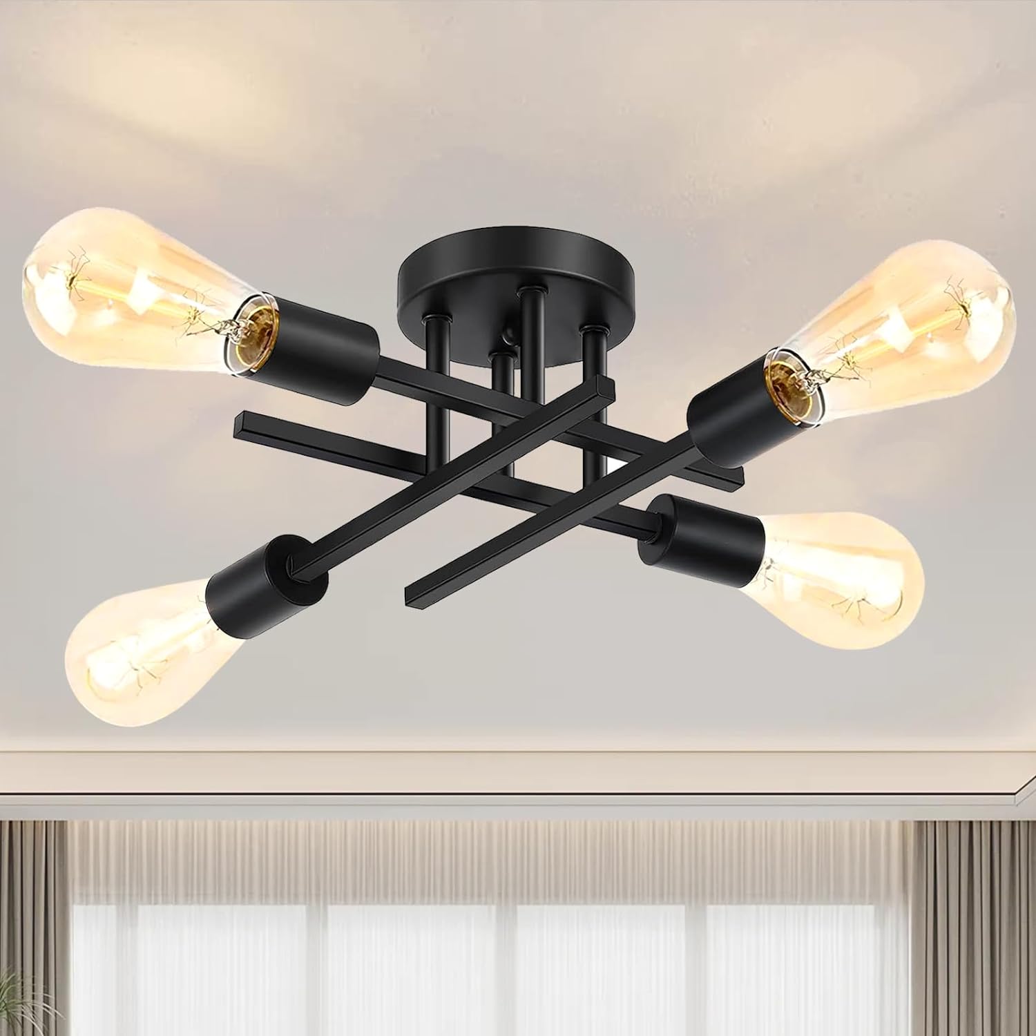 Detalle de Maichixin 4-Light Semi-Flush Mount Ceiling Light, Matte Black Metal