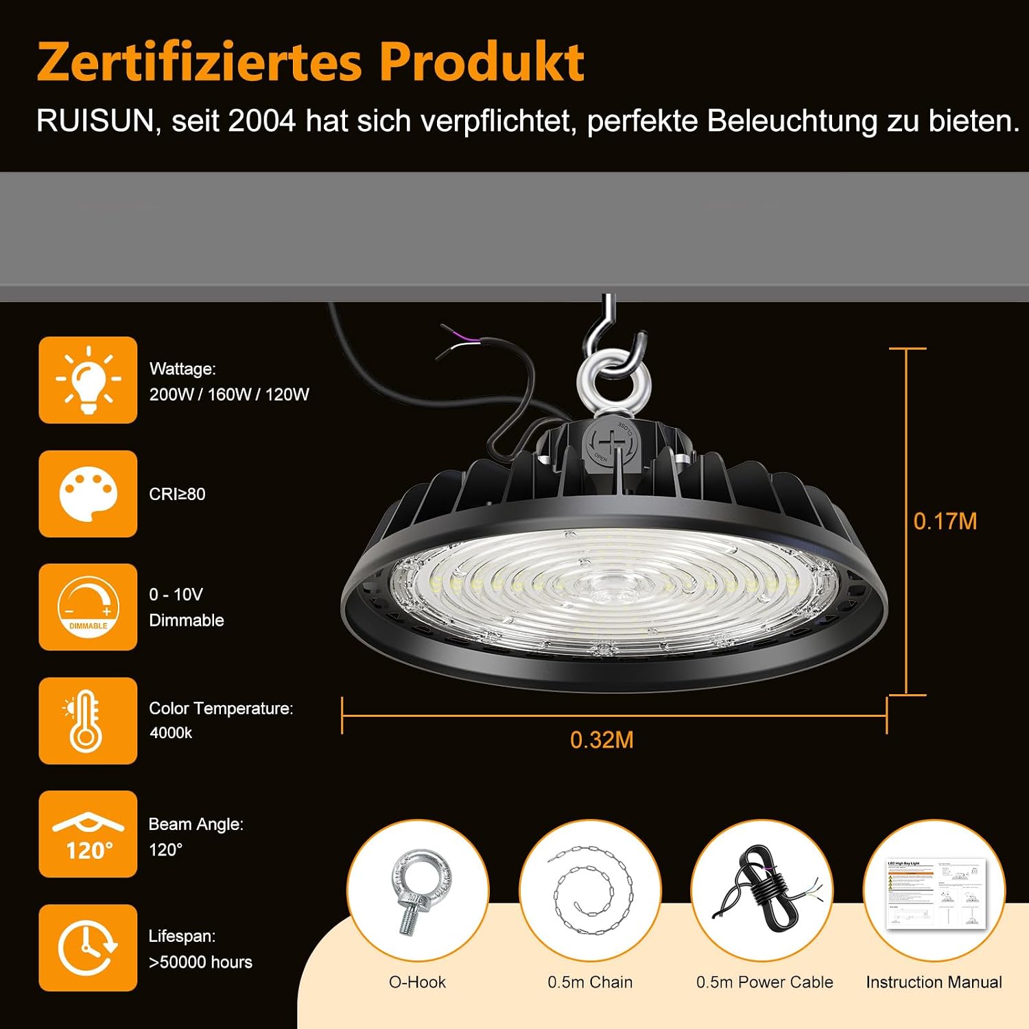 Thumbnail 6 de RUISUN UFO Werkstattlampe LED High Bay 200 W, dimmbar, 6.000 K, IP65 (4er-Set)