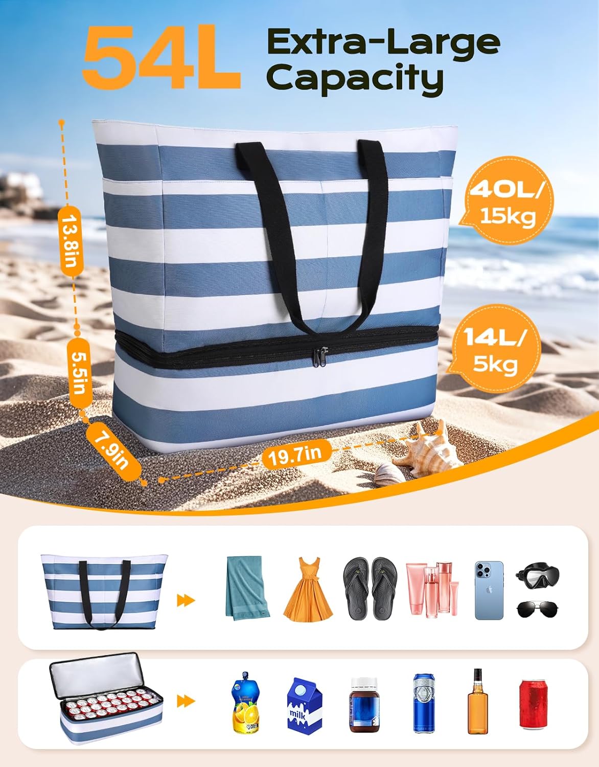 Detalle de CIRYCASE Beach Bag with Cooler, 54L Extra Large Tote for Women