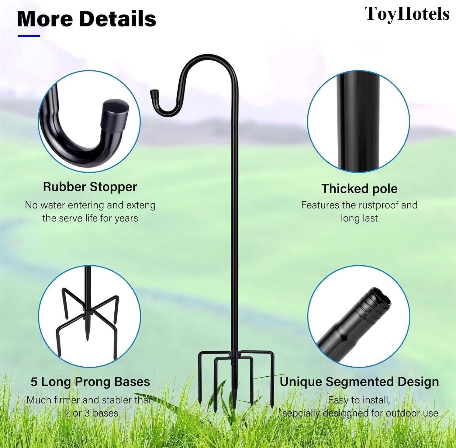 Detalle 2 de ToyHotels 46-Inch Shepherd Hook for Outdoors, Metal Pole with 5-Prong Base