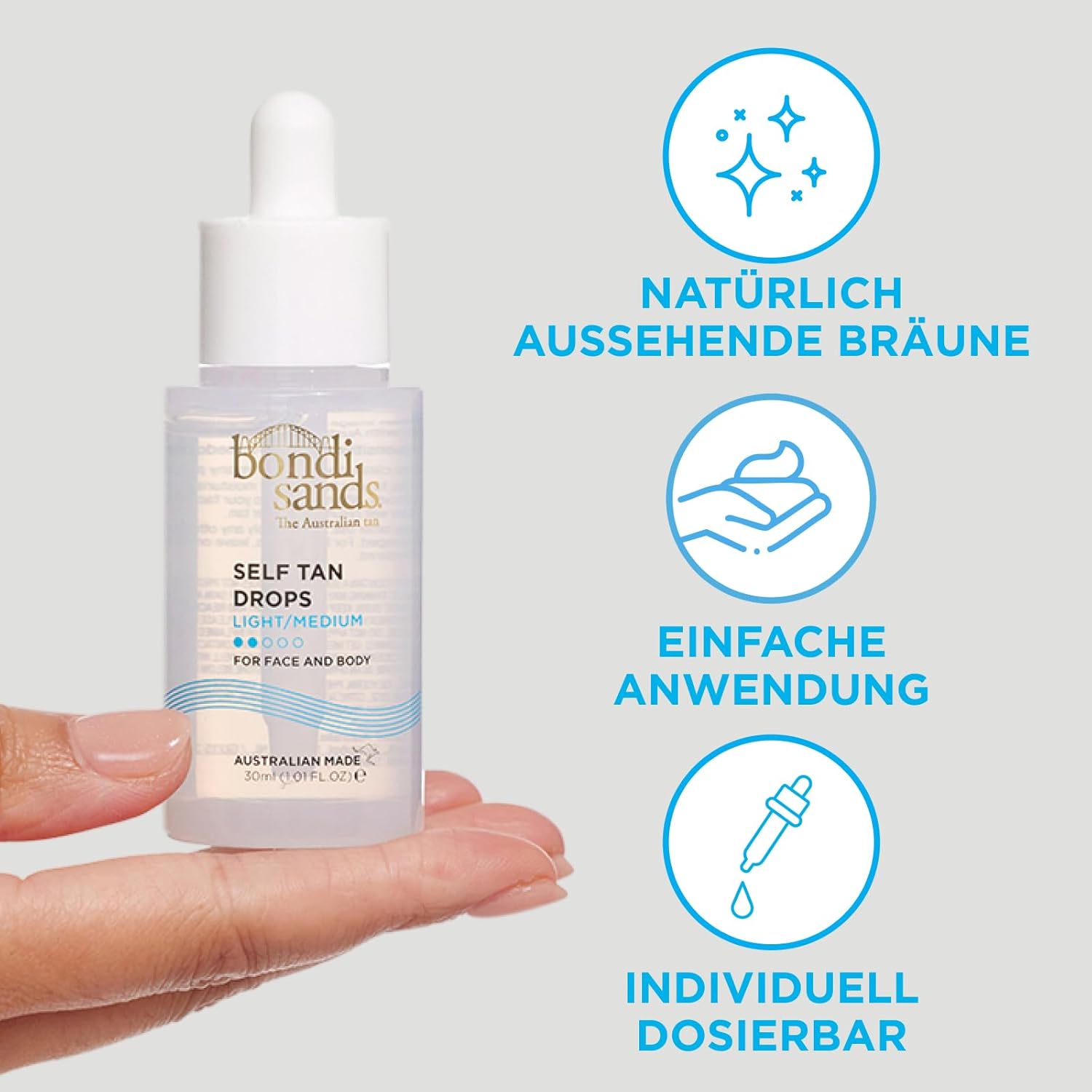 Detalle de Bondi Sands Self Tan Drops Light/Medium – Tropfen-Selbstbräuner für Gesicht & Körper, individuell dosierbar, 30 ml