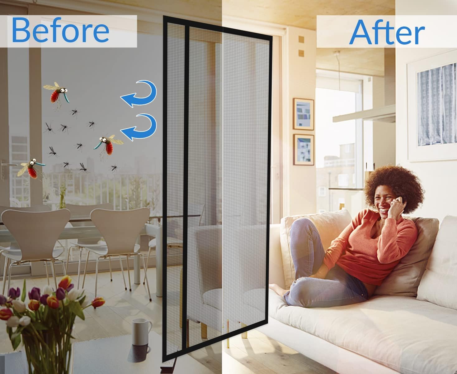 Thumbnail 1 de DIKER Side Opening Magnetic Screen Door for French Doors (120x200cm, Black) — fly & insect mesh with hands-free entry