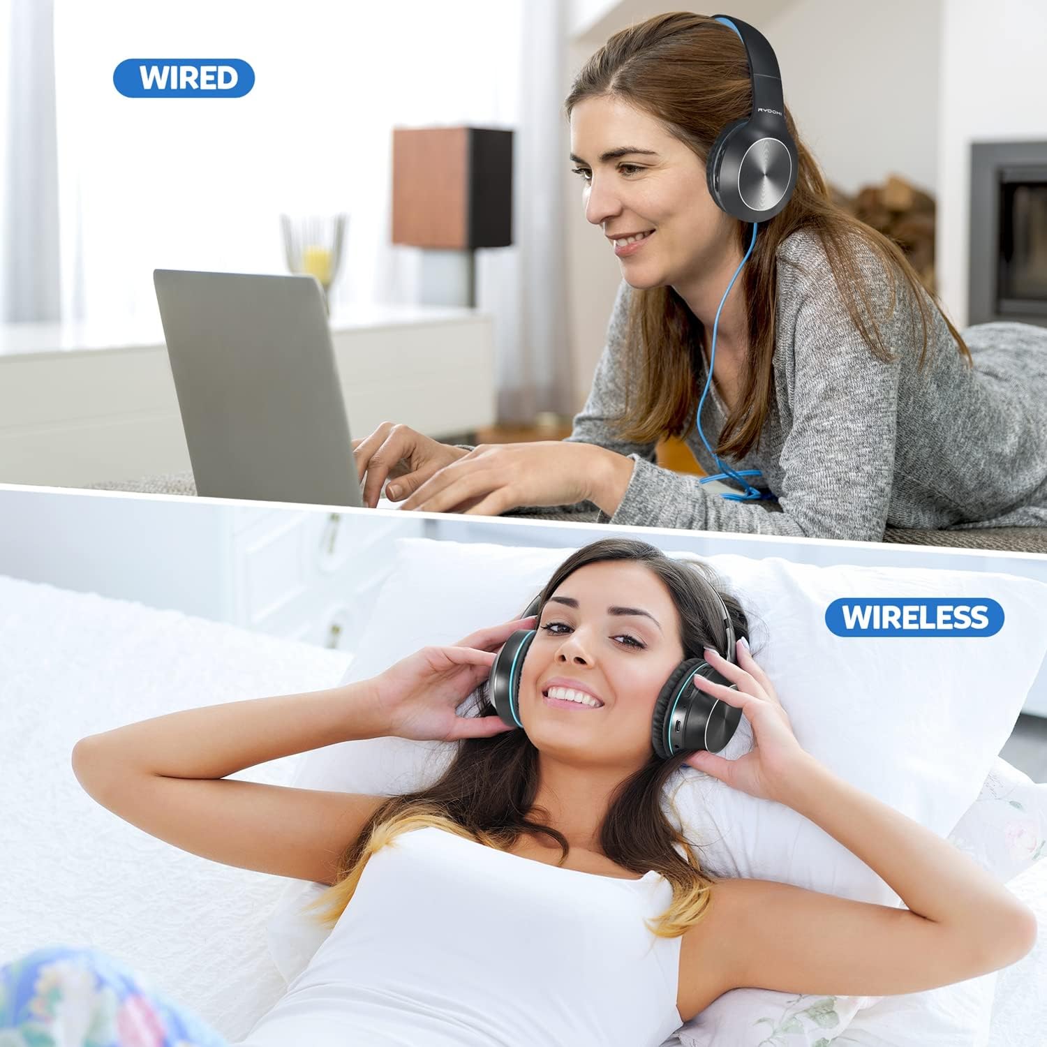 Thumbnail 6 de Rydohi Bluetooth Over-Ear Headphones (68H playtime, Bluetooth 5.3, mic) – black/blue