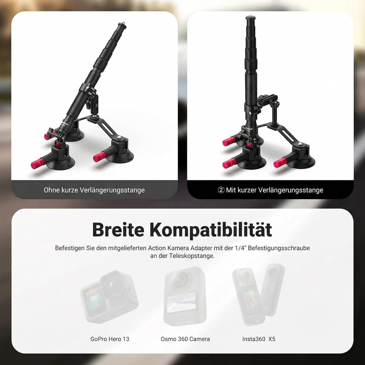 Detalle de NEEWER Dreifach Saugnapf Autohalterung CA065 für Insta360 X5/X4 & GoPro – mit 2-in-1 Teleskopstange