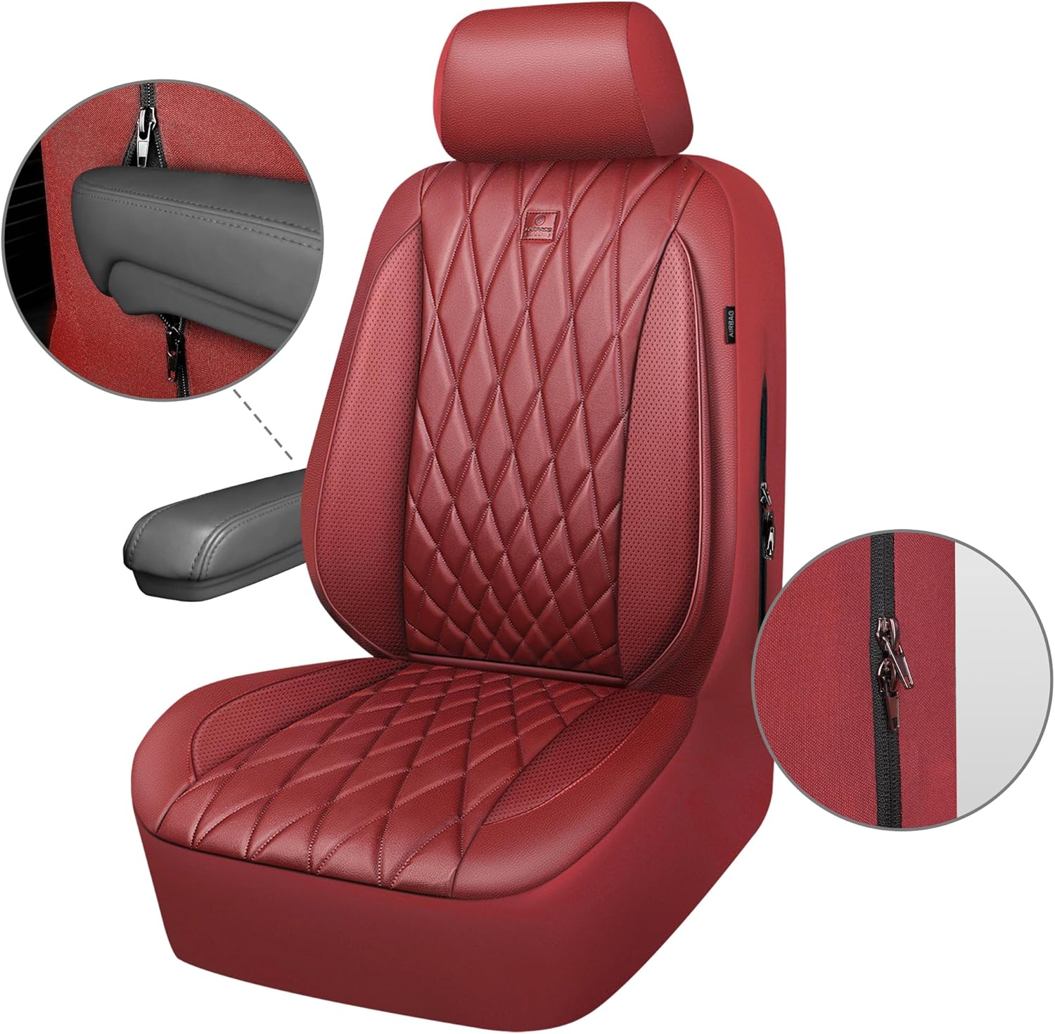 Thumbnail 6 de CAR PASS Piping Luxury Faux PU Leather Two Front Car Seat Covers (Burgundy Red) — Waterproof, Anti-Slip, Airbag Compatible