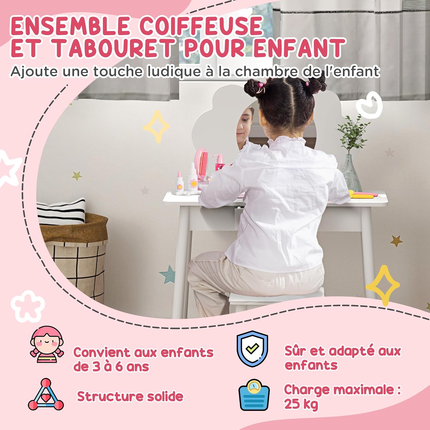 Thumbnail 2 de AIYAPLAY Ensemble coiffeuse enfant 2 pièces avec tabouret et miroir nuage (blanc) pour 3 à 6 ans