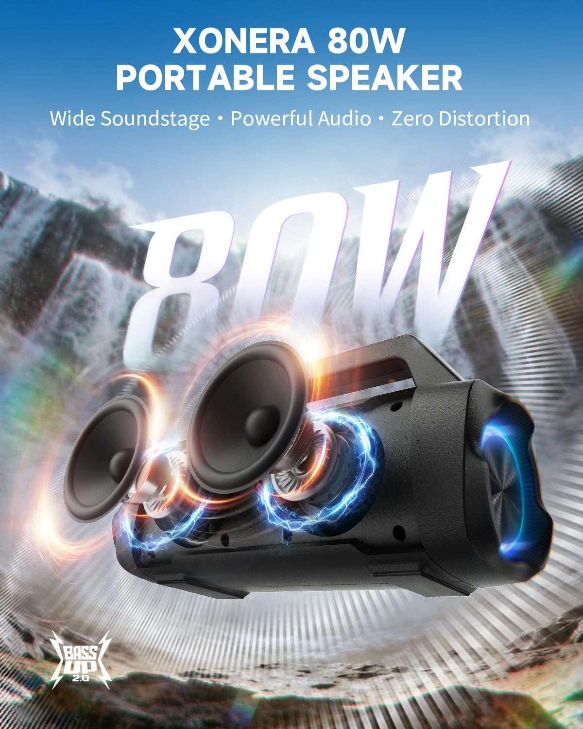 Detalle de Xonera Bluetooth Outdoor Speaker (80W Peak) with 20H Playtime, IPX6 Waterproof, TWS, BT5.3 — Black