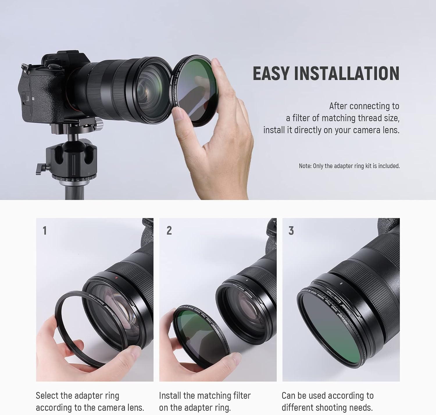 Detalle de Neewer kit di anelli adattatori step-up e step-down in metallo (18 pezzi) per filtri e accessori