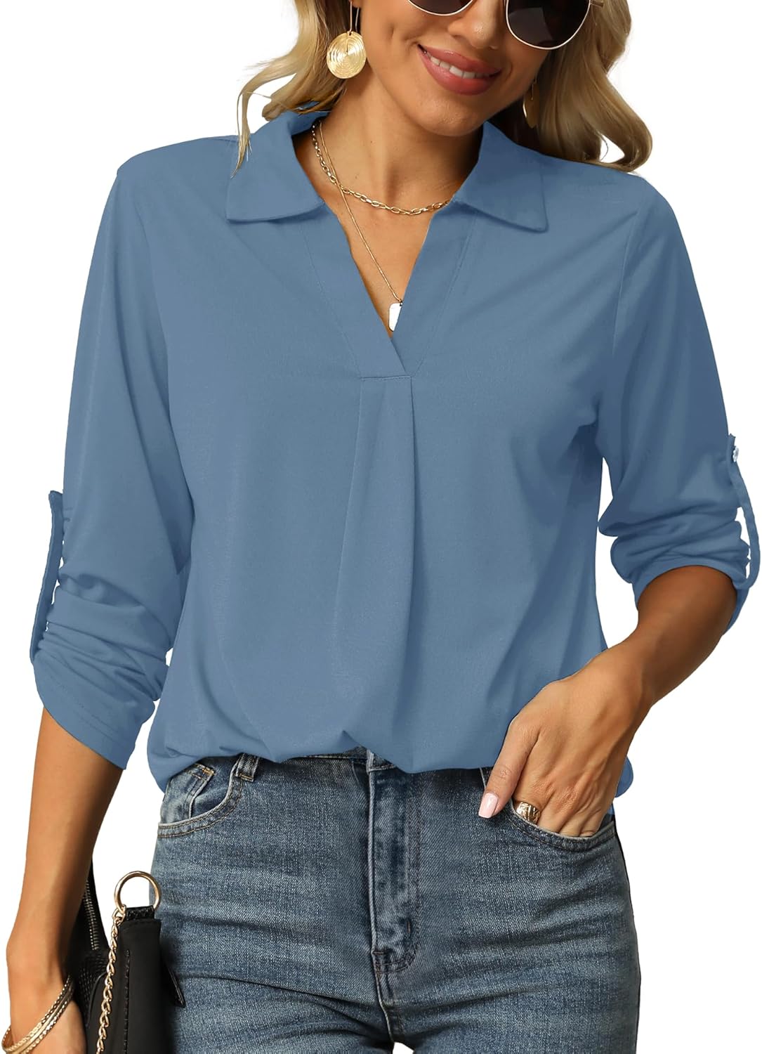 Thumbnail 5 de Odosalii Damen Bluse V-Ausschnitt Hemd Elegant – 3/4 Ärmel, Tunika Longshirt