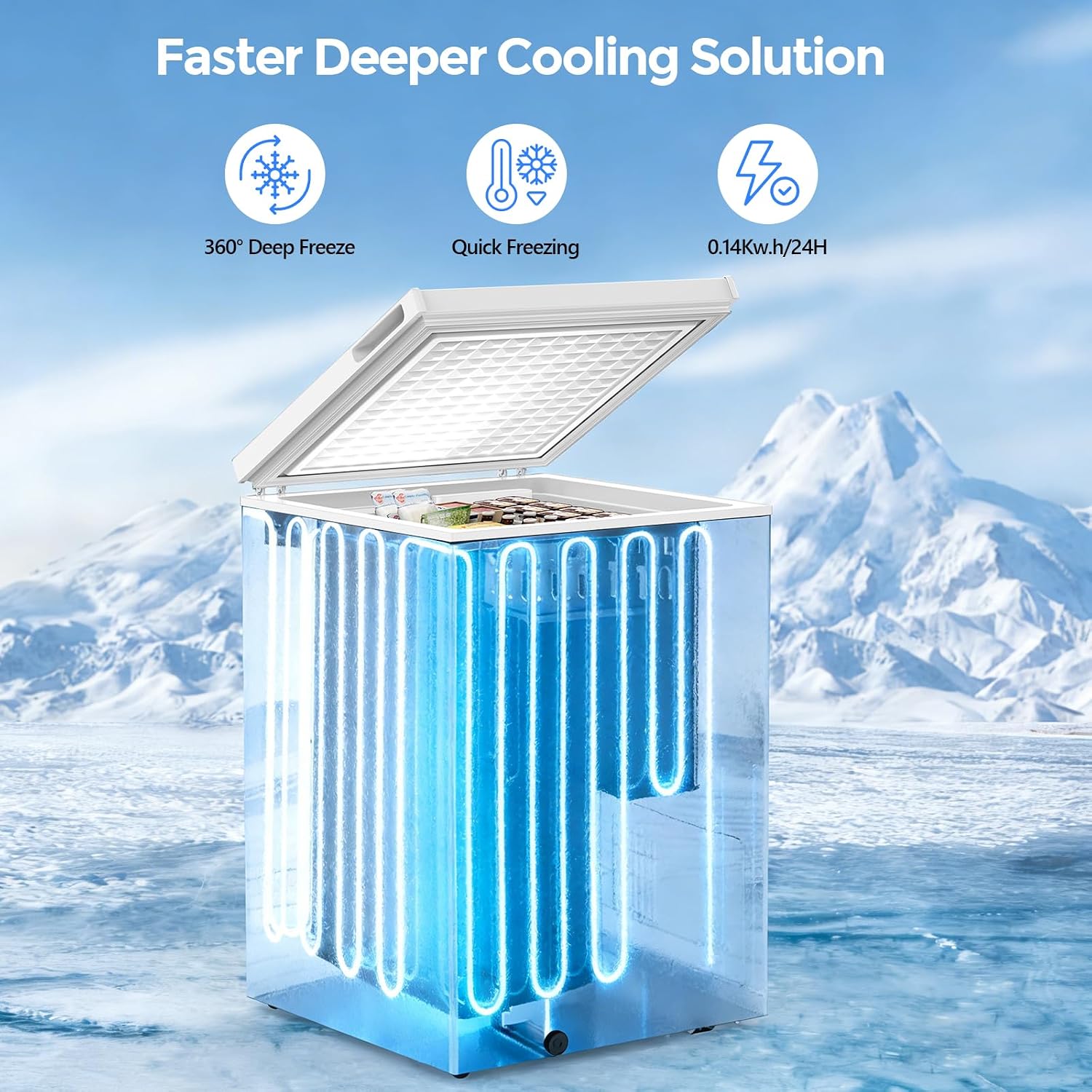 Detalle de COWSAR 58090RFR0-WHITE-EL Chest Freezer, 3.5 Cu. Ft., -40°F to 14°F, 2 Baskets
