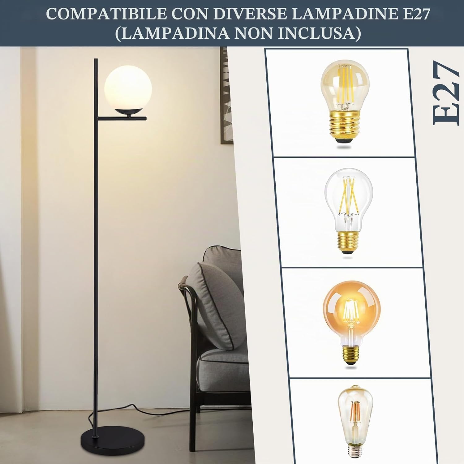 Detalle de ZMH Lampada da terra industriale nera con paralume in vetro bianco e interruttore a pedale