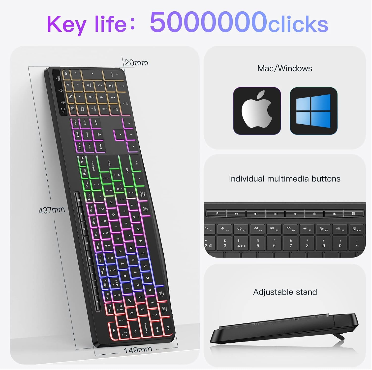 Detalle de TECURS Wireless Keyboard (UK QWERTY) 2.4G Gaming Keyboard with LED Backlight, Rechargeable Battery & Multimedia Keys