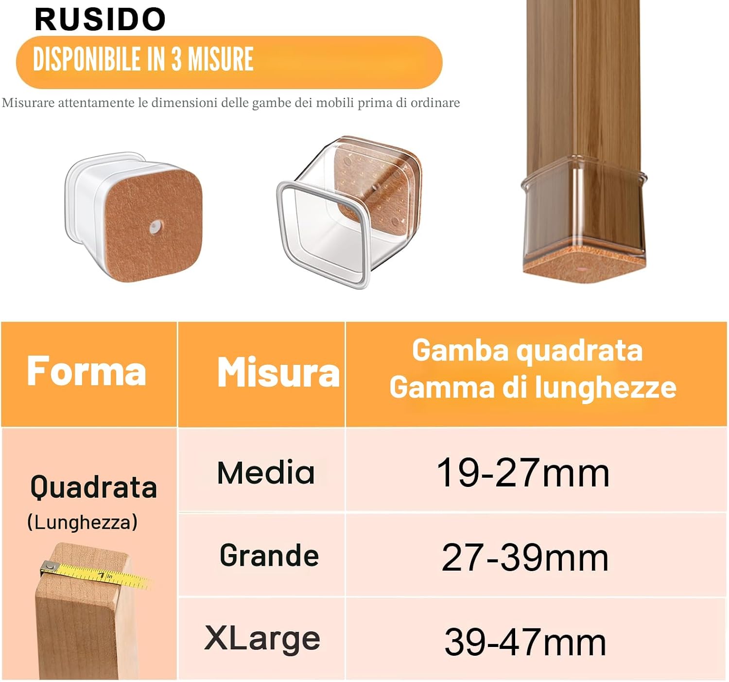 Thumbnail 3 de RUSIDO 35 Pezzi Gommini per Sedie Quadrati: Protezione anti Graffi e Riduzione Rumore in Silicone