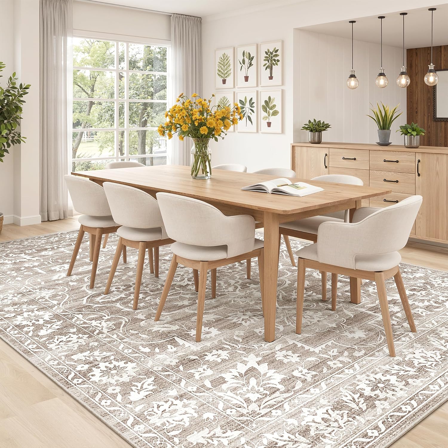 Detalle de Soalmost 8x10 Washable Area Rug for Living Room – Vintage Floral, Non-Slip, 0.24 Inch Pile, Light Brown