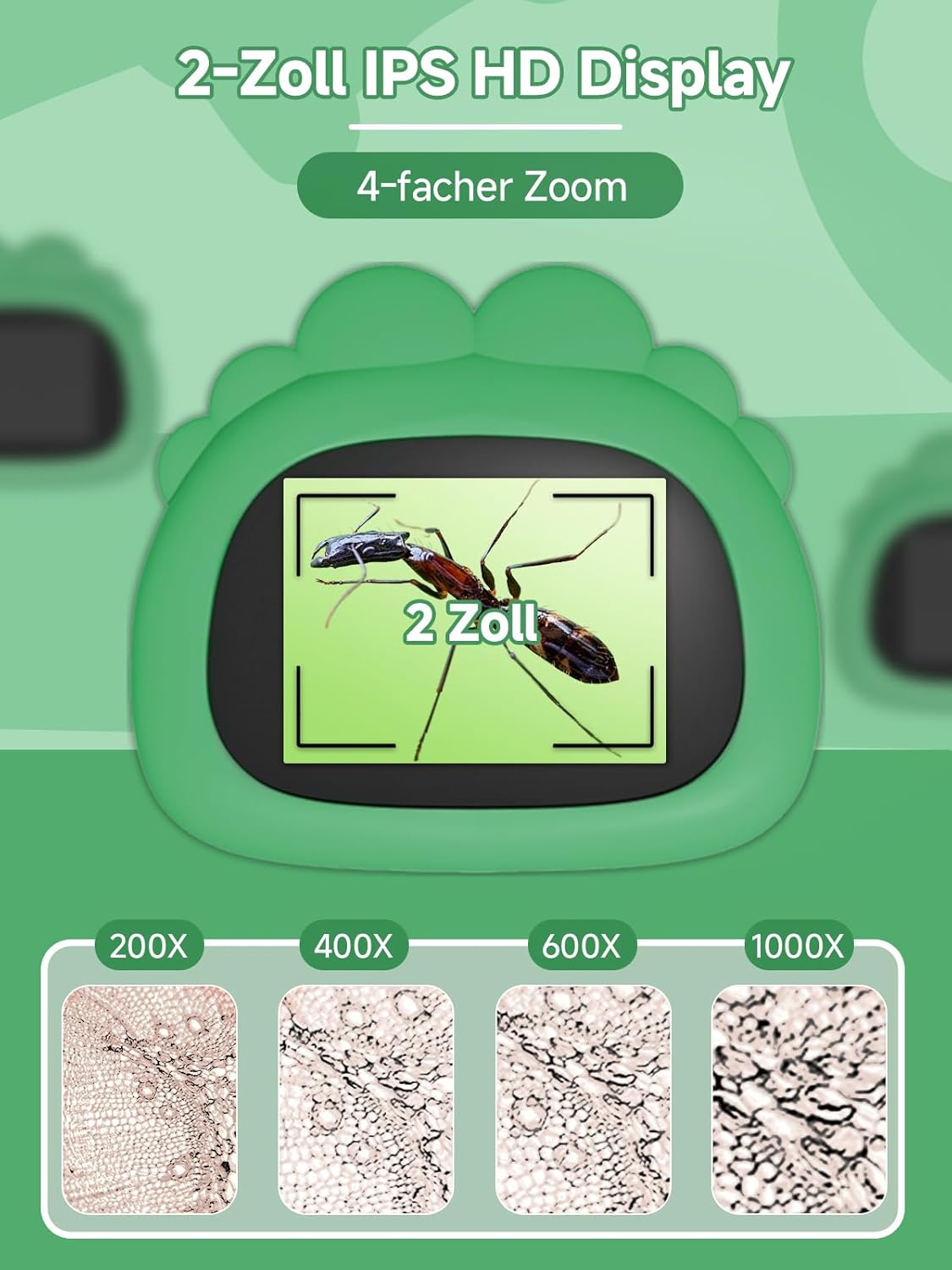 Thumbnail 1 de Acoath Mikroskop für Kinder – digitales Taschenmikroskop mit 2,0-Zoll-IPS-Display, 200x und 8 LED-Lichtern (grün)