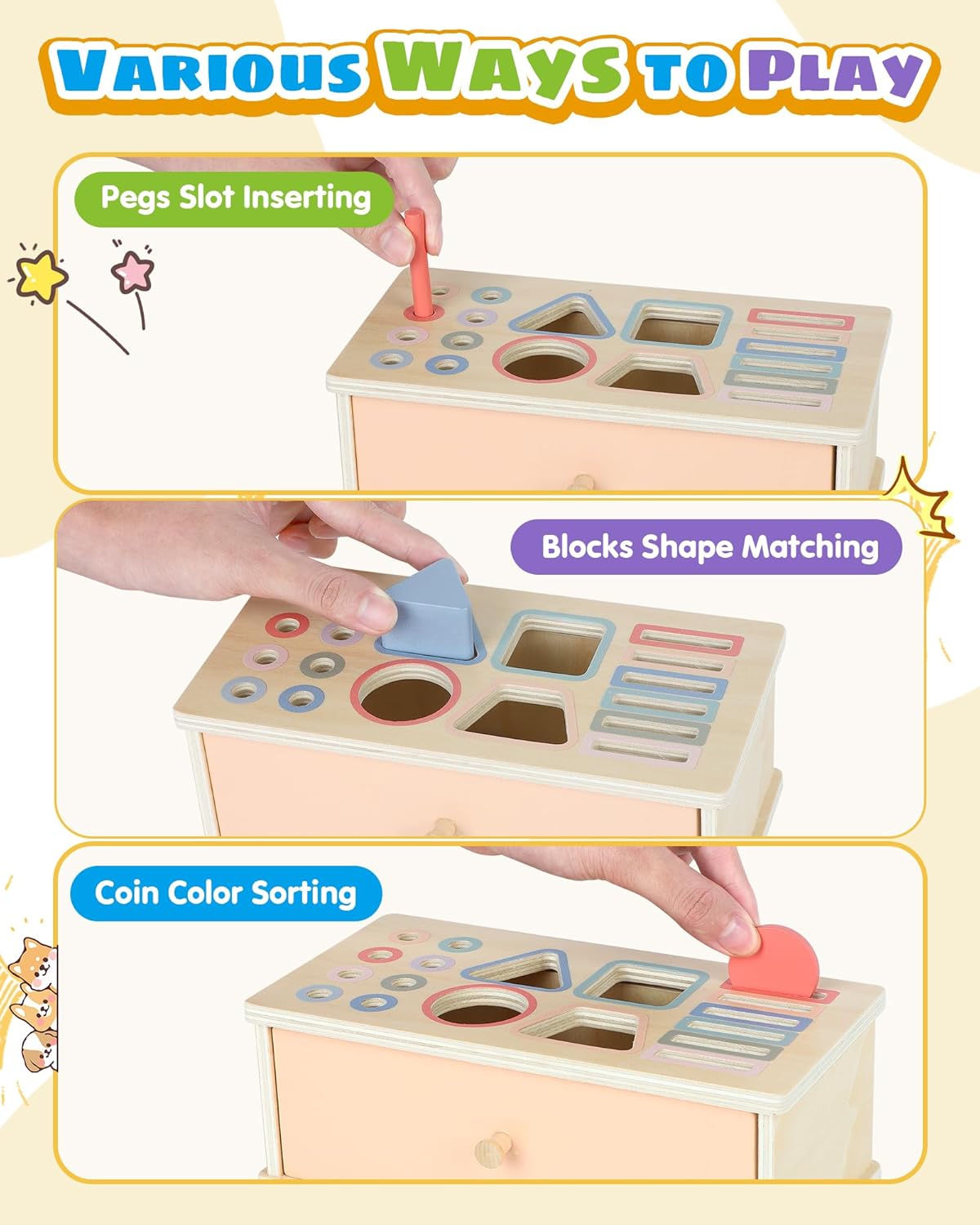 Detalle de Pajojoqa Montessori Color Sorting Toys: 4-in-1 Wooden Busy Box for Color, Shape, and Sensory Play