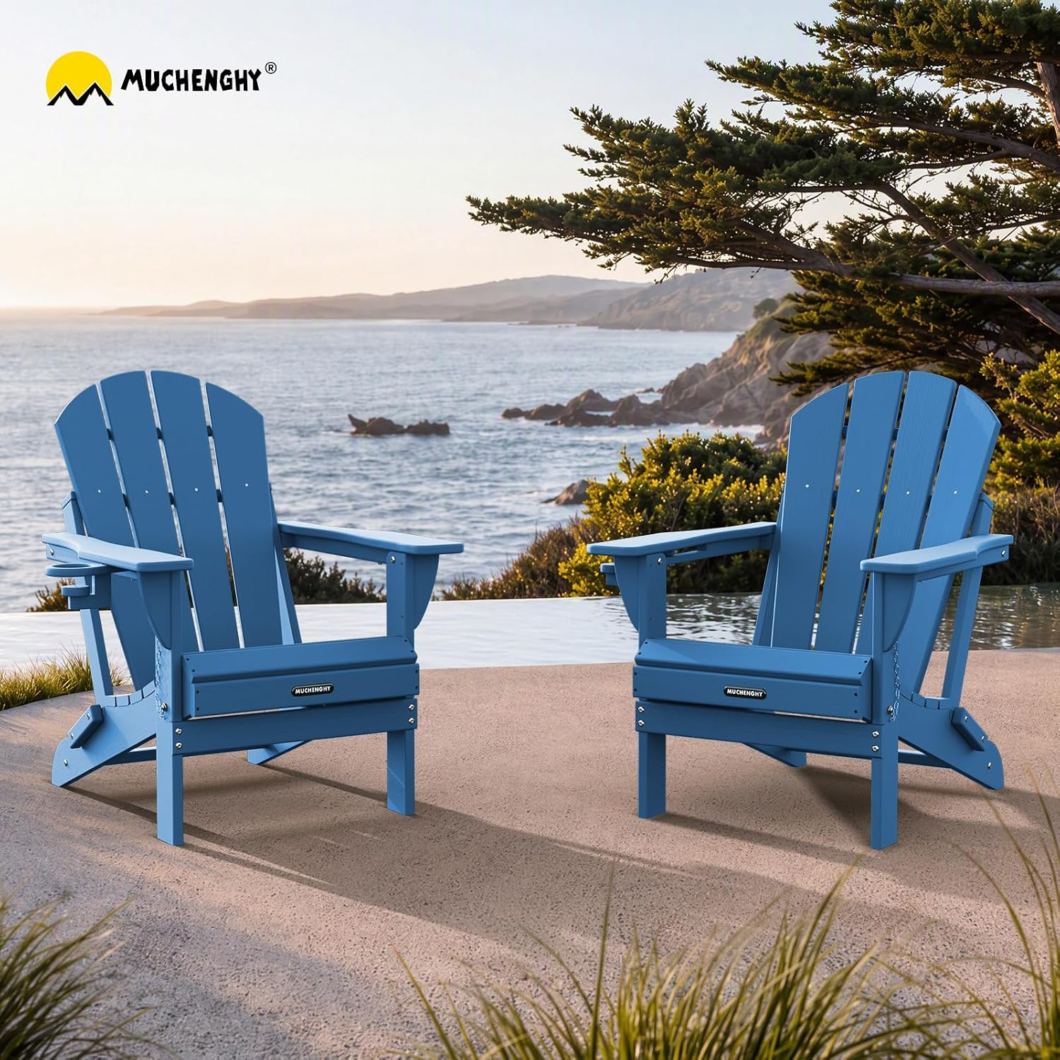 Detalle 2 de MUCHENGHY Folding Adirondack Chair HDPE, Navy Blue with Cup Holder