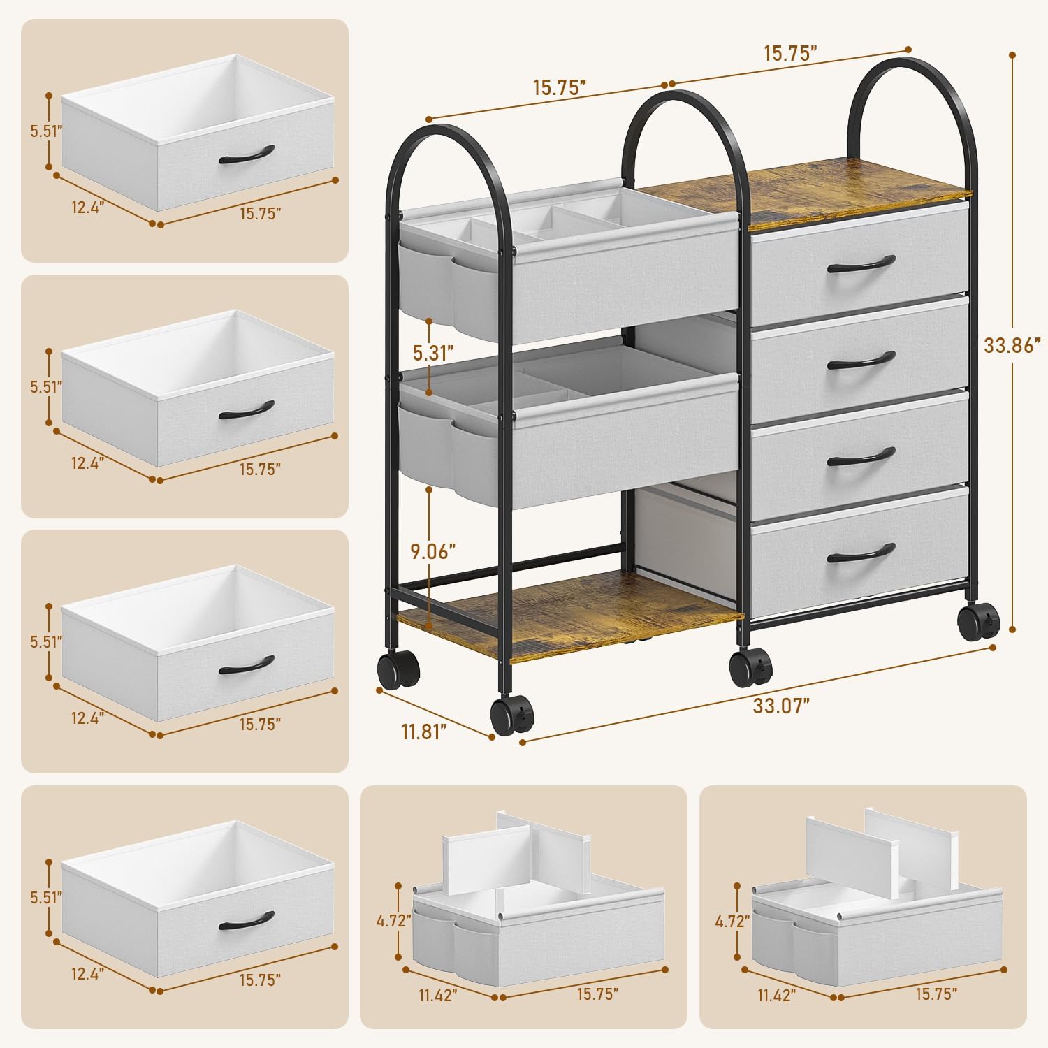Detalle de Nylaira WJ-NBC 4-Tier Baby Diaper Caddy Cart with Drawers and Locking Wheels