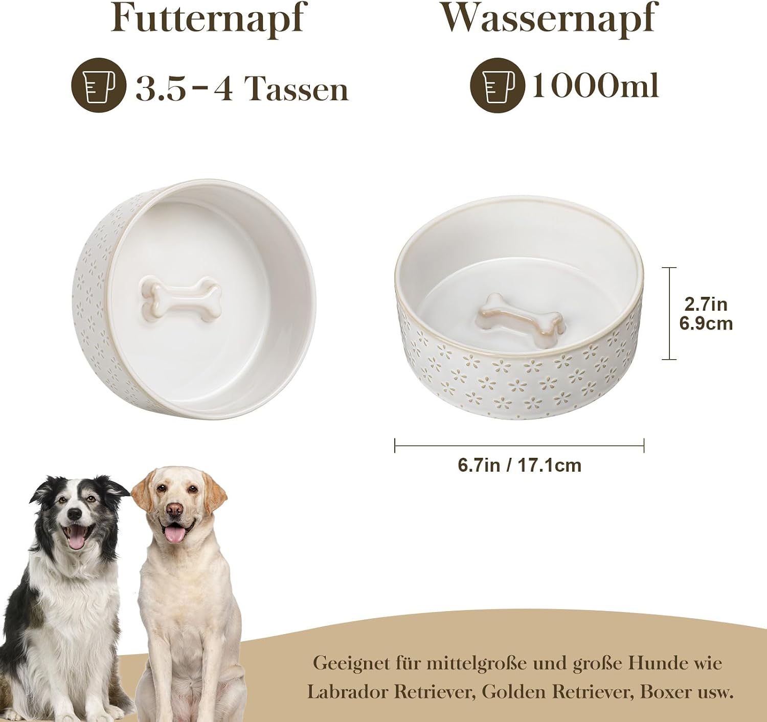 Detalle de MALACASA Hundenapf aus Steingut, 1000 ml – Futter- & Wassernapf für mittelgroße Hunde, spülmaschinen- und mikrowellengeeignet, Lydia-Serie