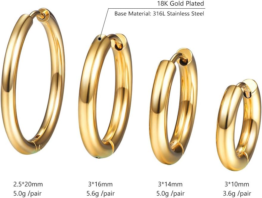 Thumbnail 4 de PROSTEEL lot de petites créoles unisexe en acier inoxydable plaqué or (4 paires, diamètres 10/14/16/20 mm)