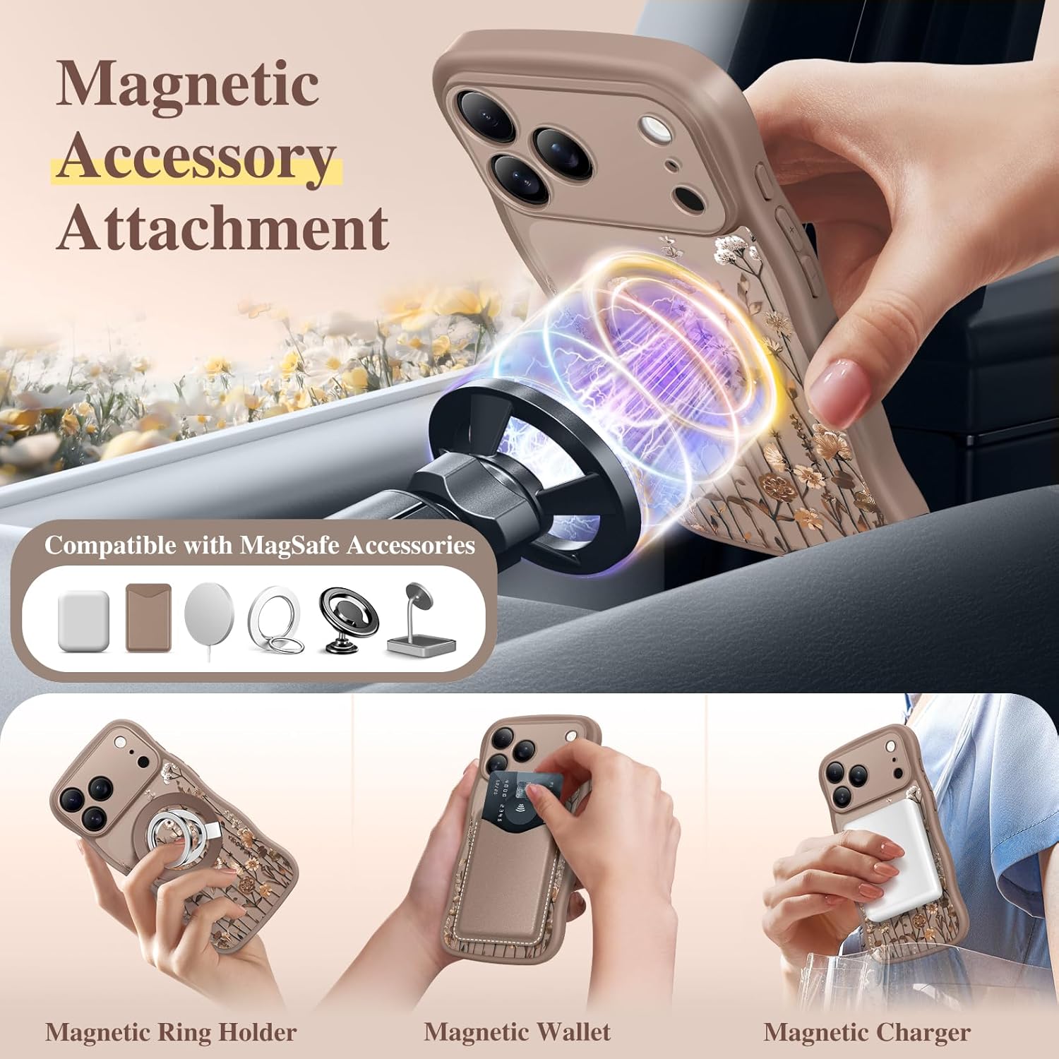 Thumbnail 3 de GVIEWIN Floral Translucent MagSafe Case for iPhone 17 Pro (6.3") with Curly Wave Edge