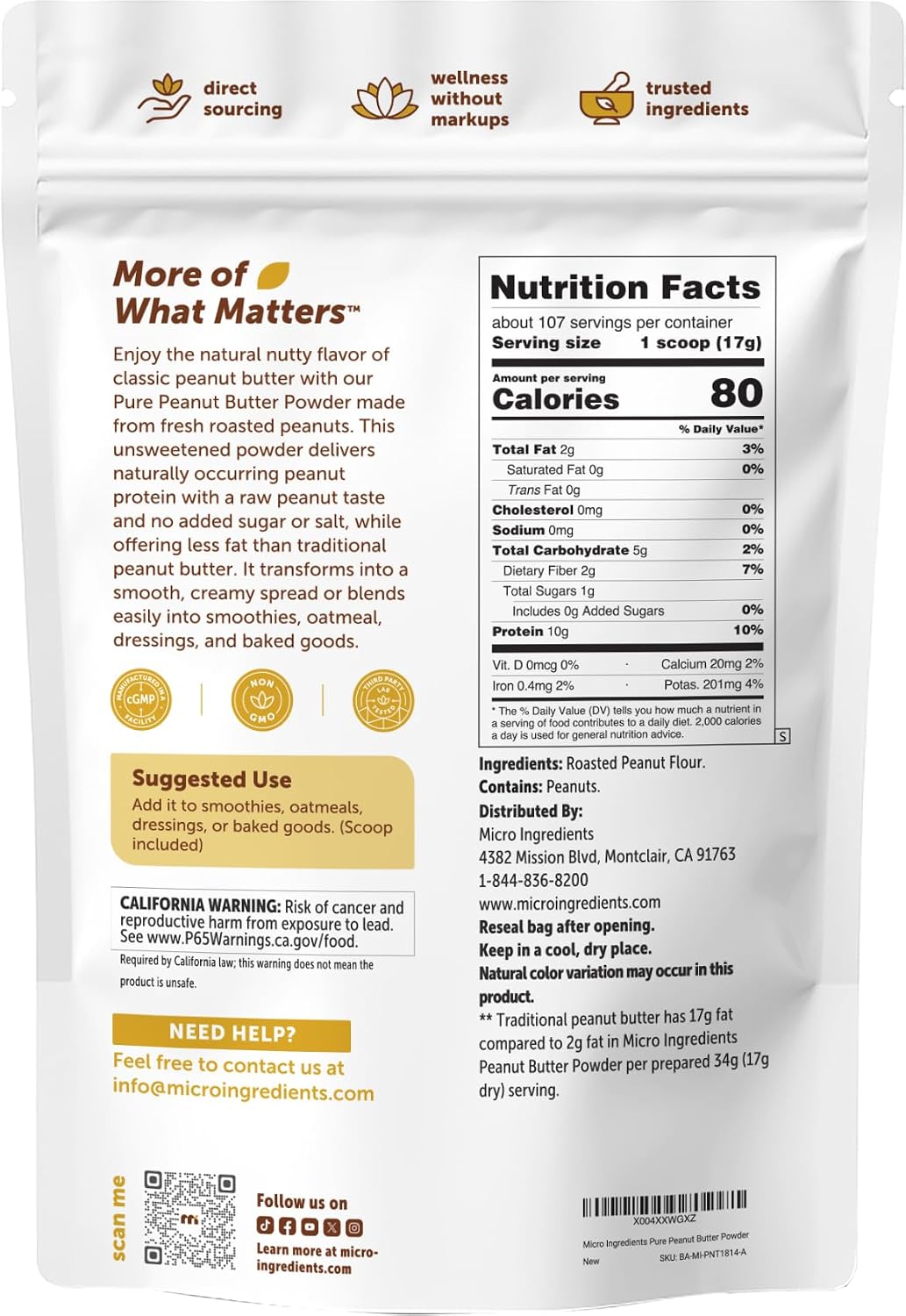 Thumbnail 6 de Micro Ingredients Pure Peanut Butter Powder, 4 lb, 10g Plant-Based Protein