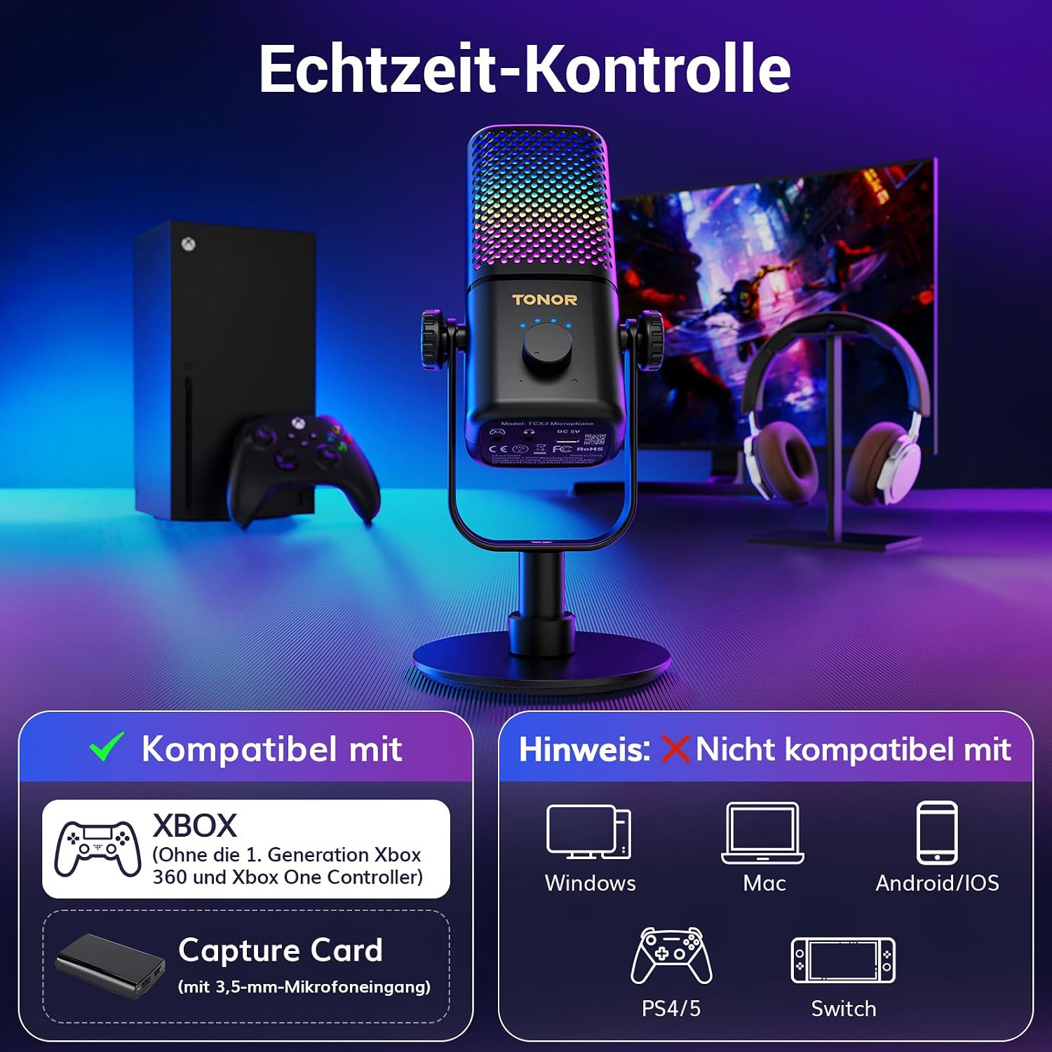 Detalle 2 de TONOR TCX3 Gaming Mikrofon 30 Std. Akkulaufzeit đ€