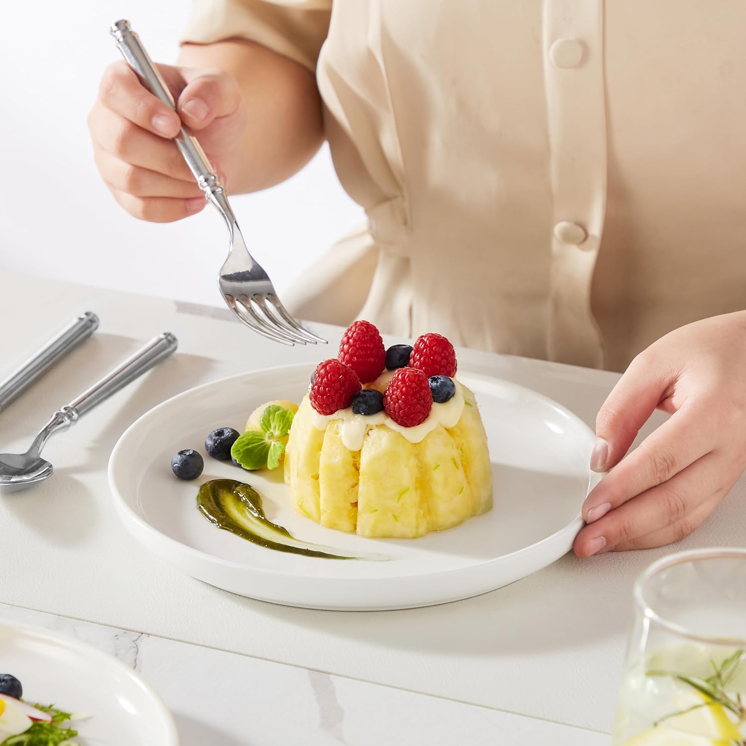 Detalle de MALACASA LUNA Dessertteller-Set für 6 Personen, Ø 21 cm – Weißes Porzellan, erhöhter Rand
