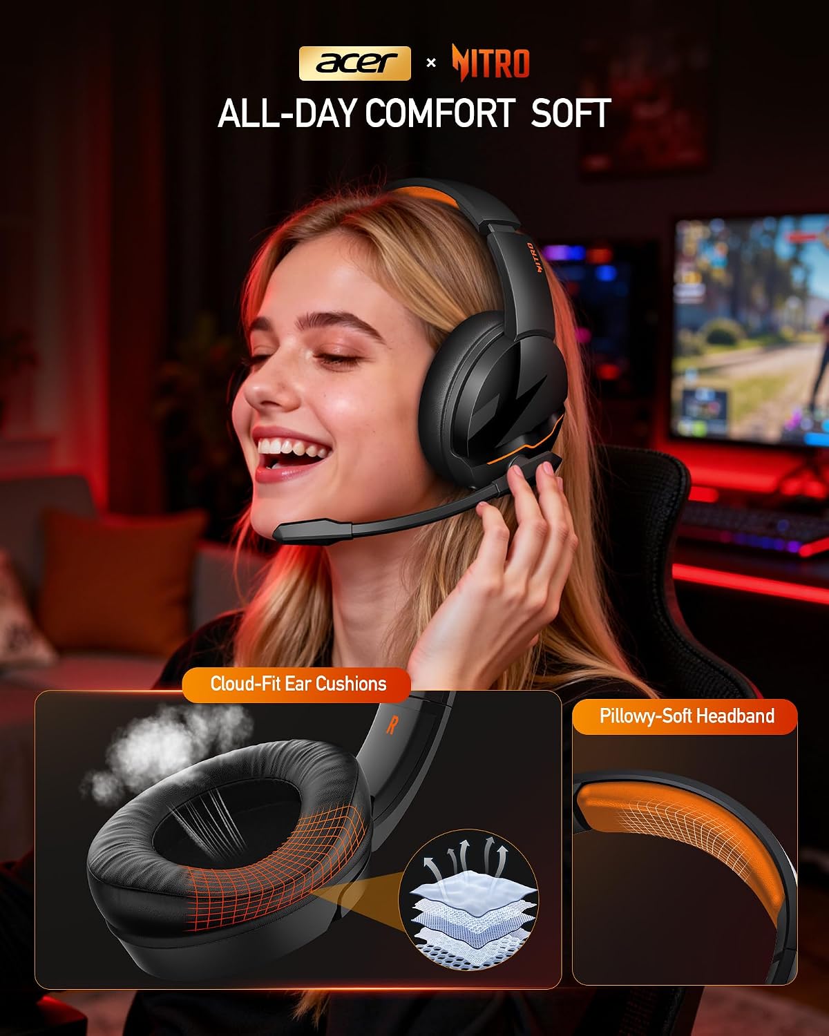 Detalle de Acer Wireless Gaming Headset (Orange) – 2.4GHz PS5/PS4/PC Headset with Bluetooth 5.3