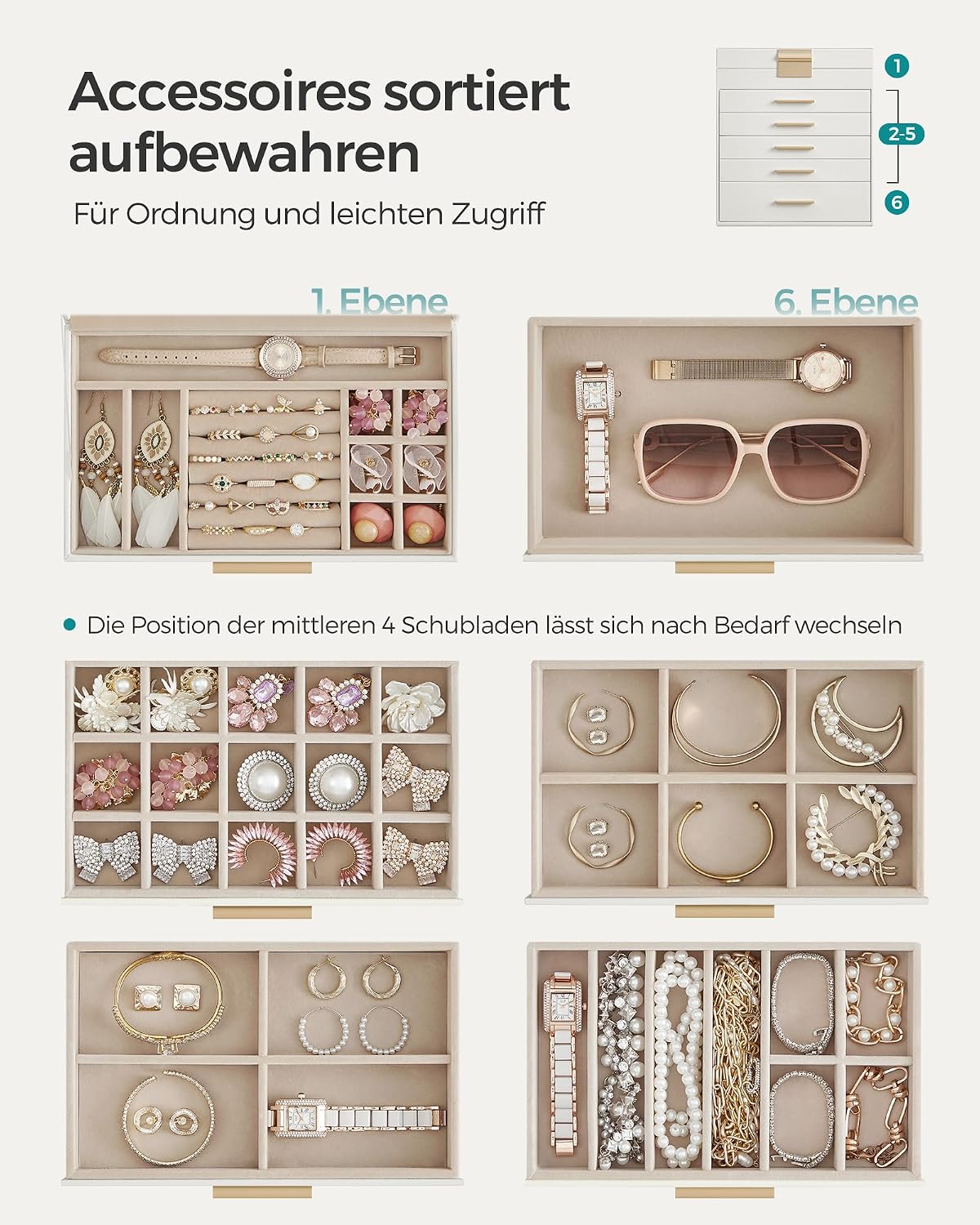 Detalle 1 de SONGMICS GISELLA Schmuckbox Glasdeckel 6 Ebenen