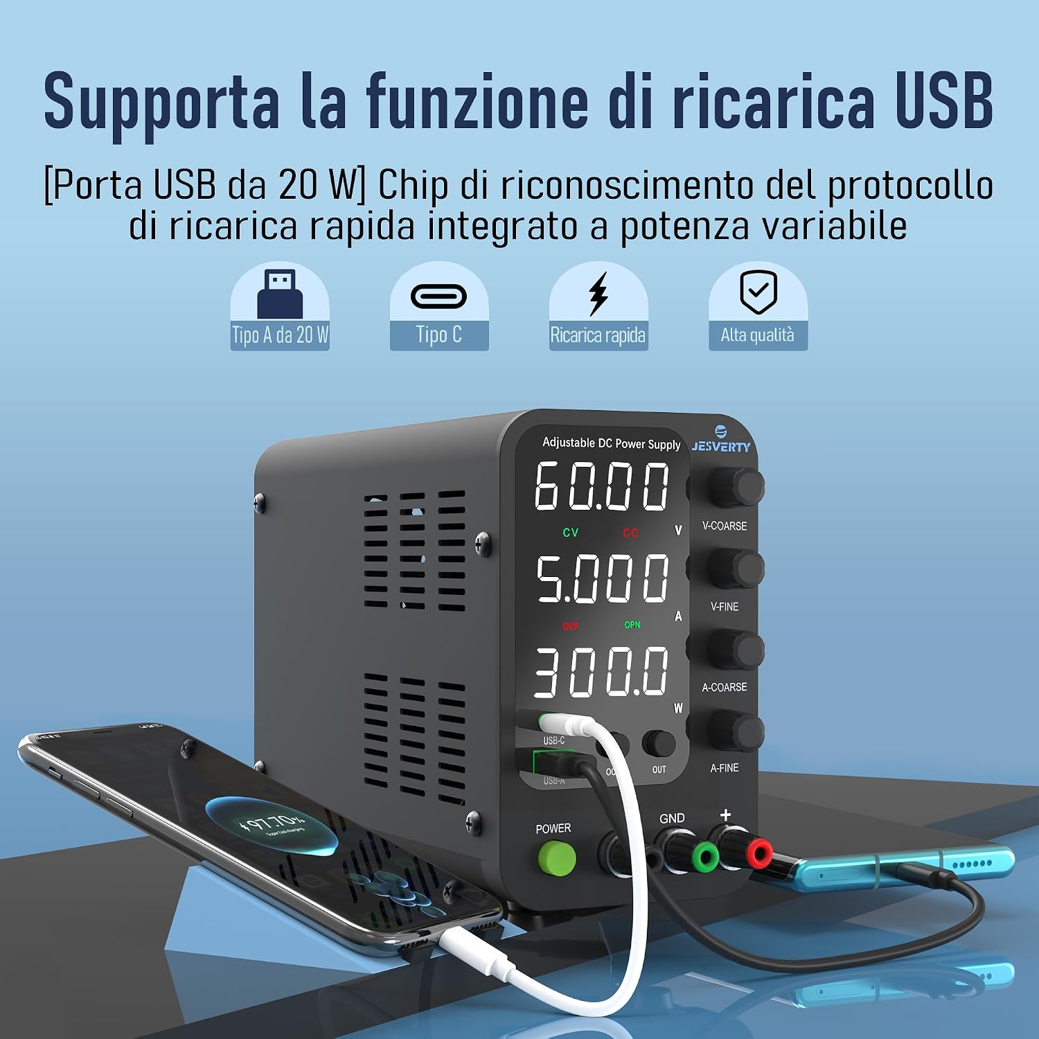 Detalle 2 de Alimentatore CC variabile da banco commutabile SPS-6005V con uscita ON/OFF e ricarica USB-C/Type-A 20W