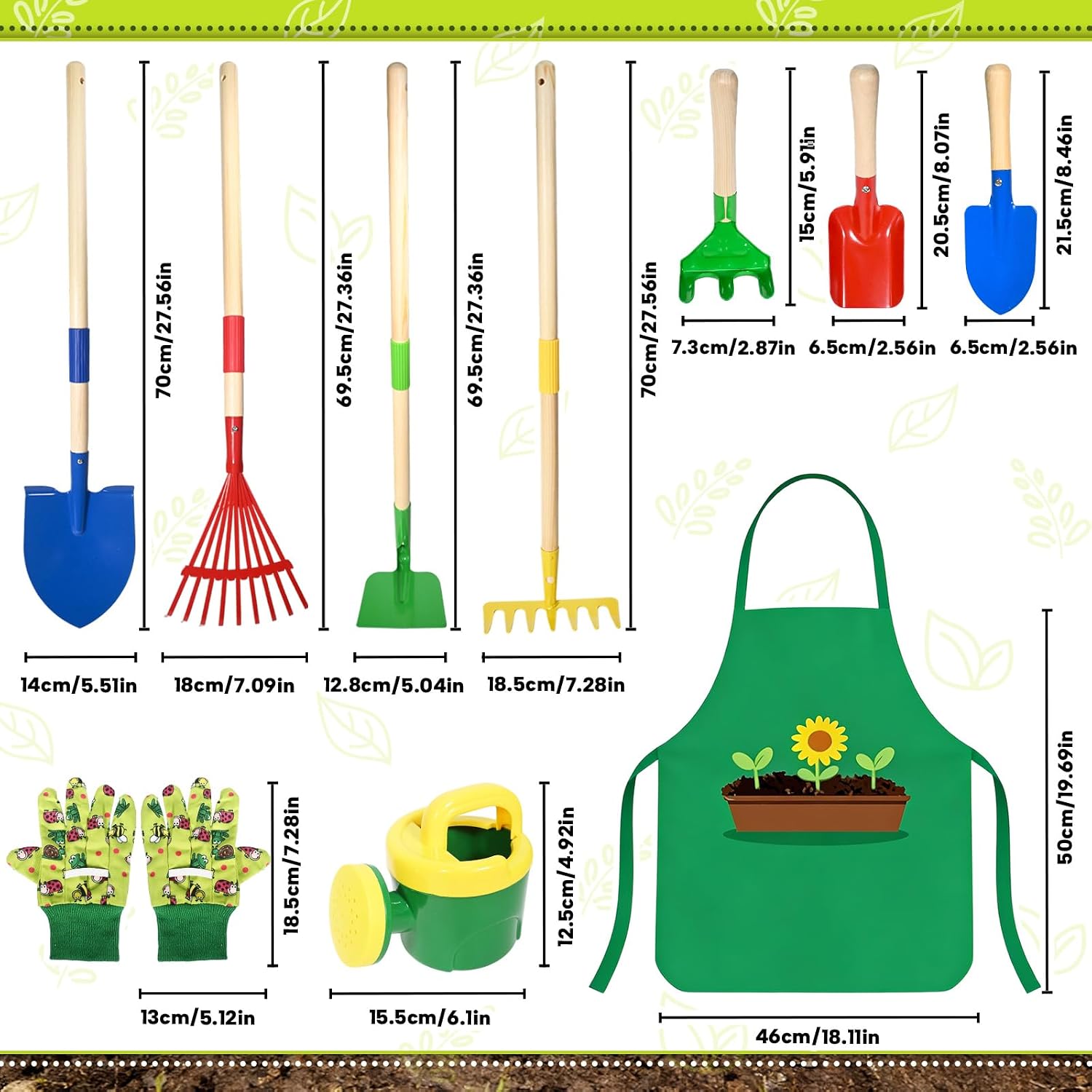 Thumbnail 4 de Kinder Gartenwerkzeug-Set (10-teilig) aus Metall mit Schaufel, Rechen, Gabel, Handschuhen, Schürze & Gießkanne