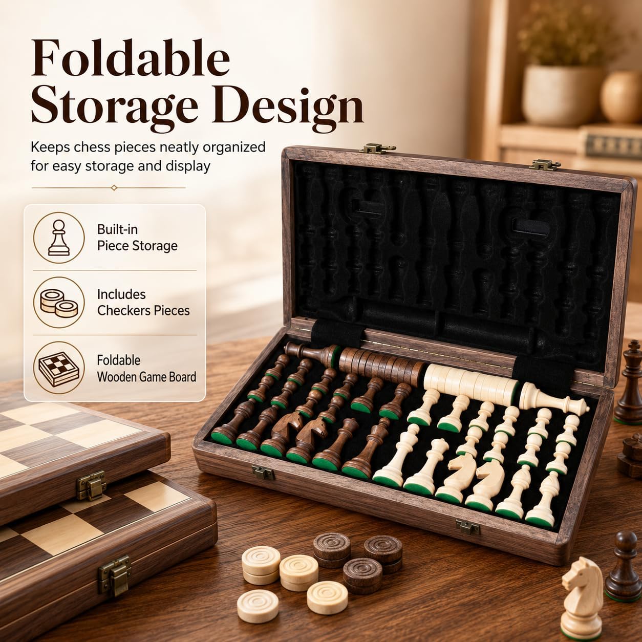 Thumbnail 5 de 15in Wooden Folding Chess Set Vintage