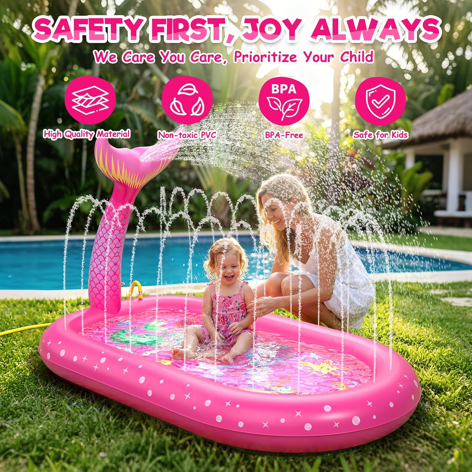 Detalle de Inflatable Paddling Pool for Kids with 3-in-1 Mermaid Pattern (Splash Pad, Pool and Play Mat)