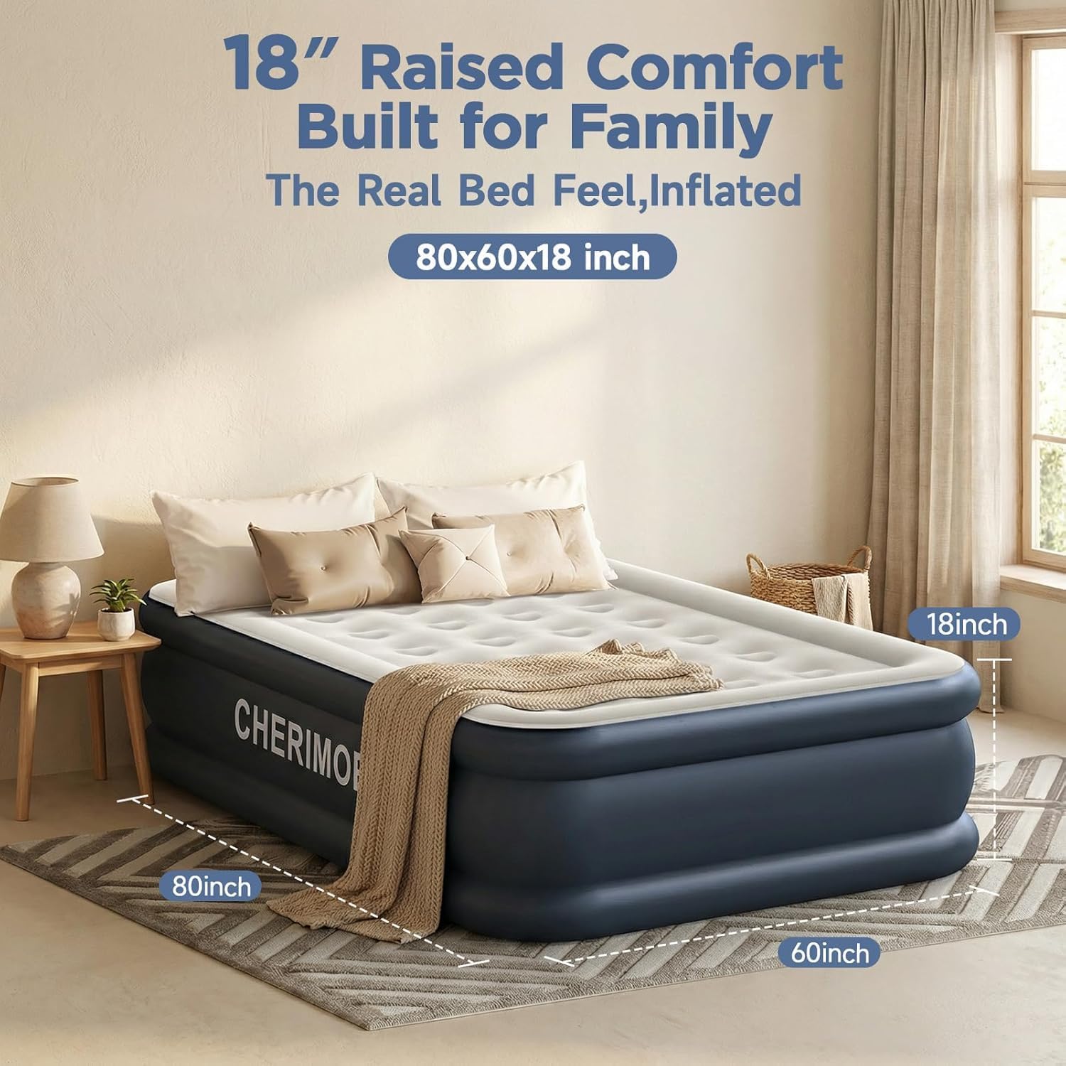Detalle de CHERIMOR A-Q-18-GRWH-C2 Queen Air Mattress, 18-Inch Raised, Built-In Pump