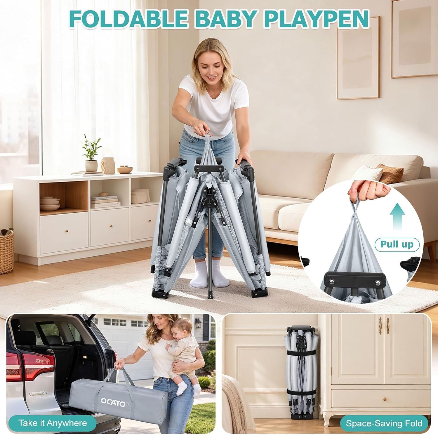 Thumbnail 1 de OCATO Foldable Baby Playpen, 50×50, with Mesh Sides and Portable Design