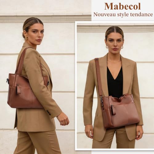 Detalle 2 de Mabecol sac shopper moyen en PU marron, compartiments multiples et bandoulière réglable