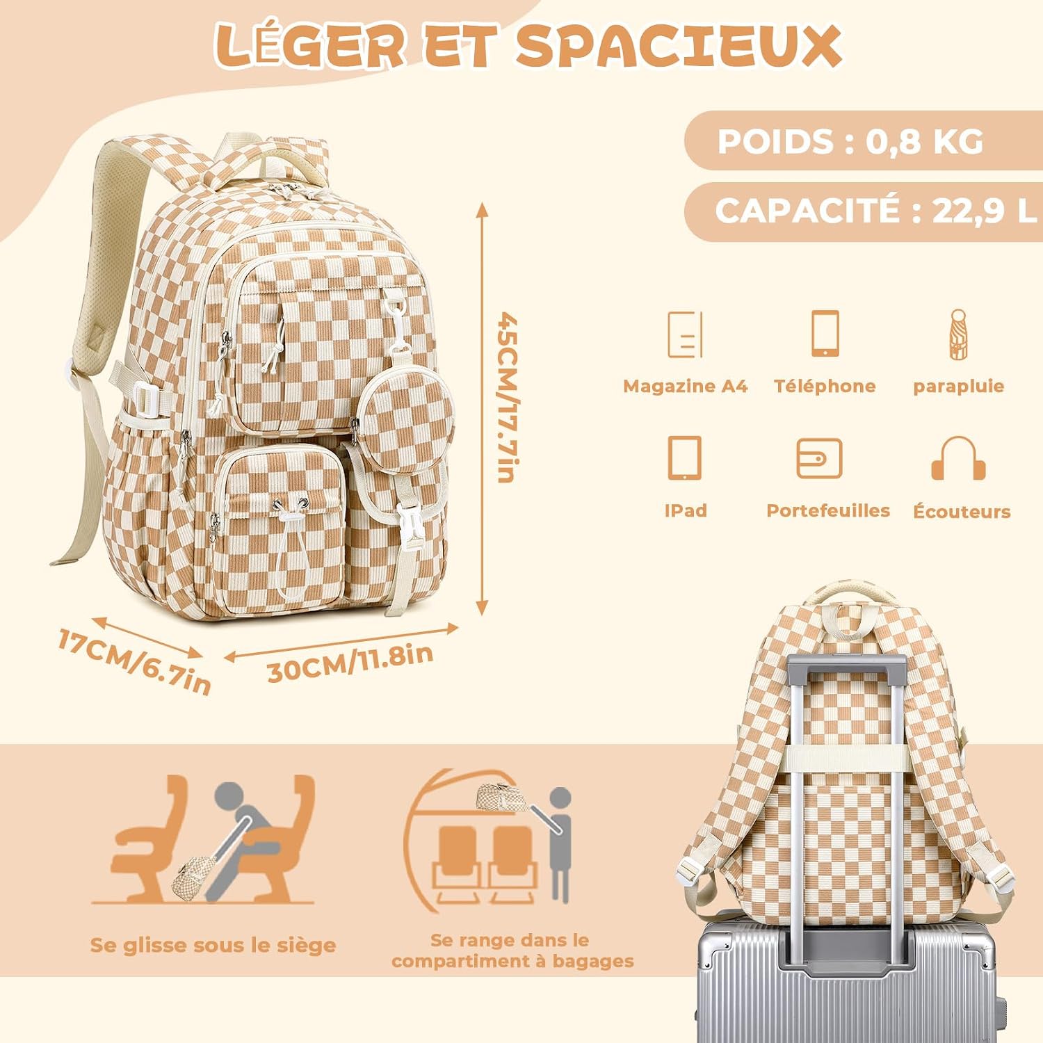 Detalle de Sisipoet Sac à Dos Velours Côtelé Damier, Cartable Avec Pochette Ronde – idéal pour l’école