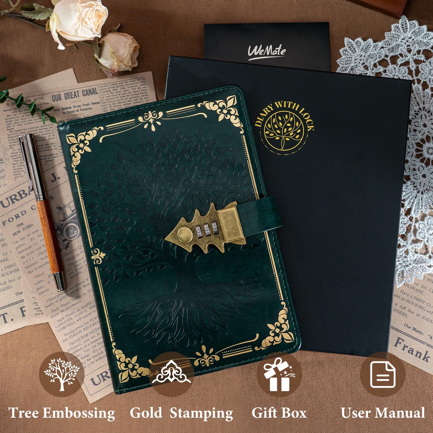 Detalle de WEMATE Tagebuch mit Schloss, A5 Hardcover (260 Seiten) inkl. Geschenkbox – nachfüllbar, Vintage-Optik in Grün