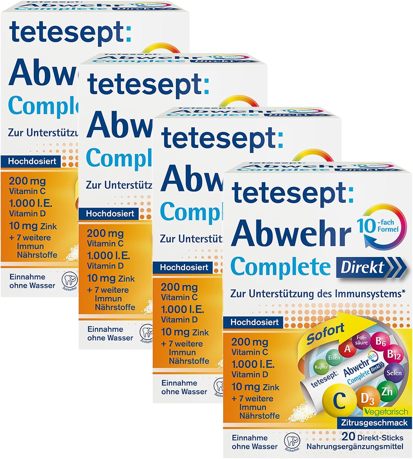 Detalle de tetesept Abwehr Complete Direkt Sticks – 10fach Formel mit Vitamin C + D3 + Zink, vegetarisch & laktosefrei