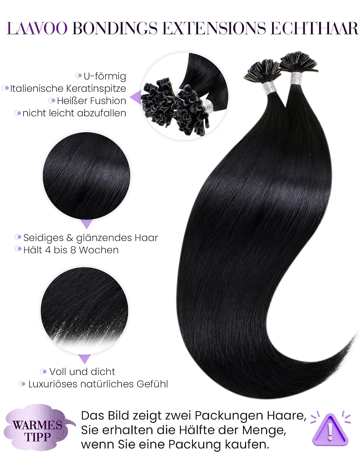 Detalle de Laavoo Bondings Extensions Echthaar 60 cm Schwarz – Keratin Bondings Glattes Echthaar Remy 50 g