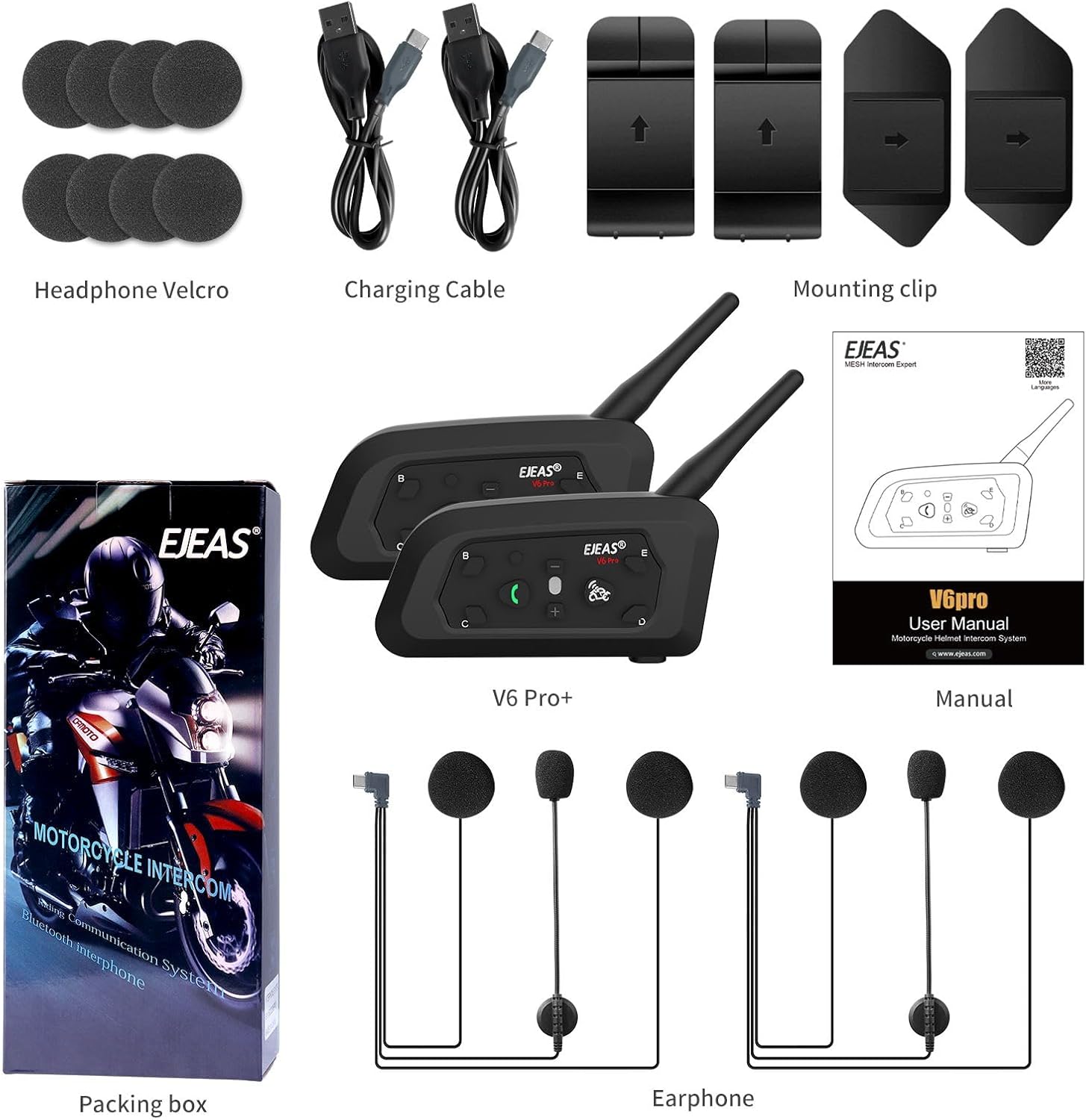 Thumbnail 6 de EJEAS V6 Pro+ Motorcycle Helmet Bluetooth Intercom (2 Pack) – 6‑User, 5.1 Bluetooth, Type‑C