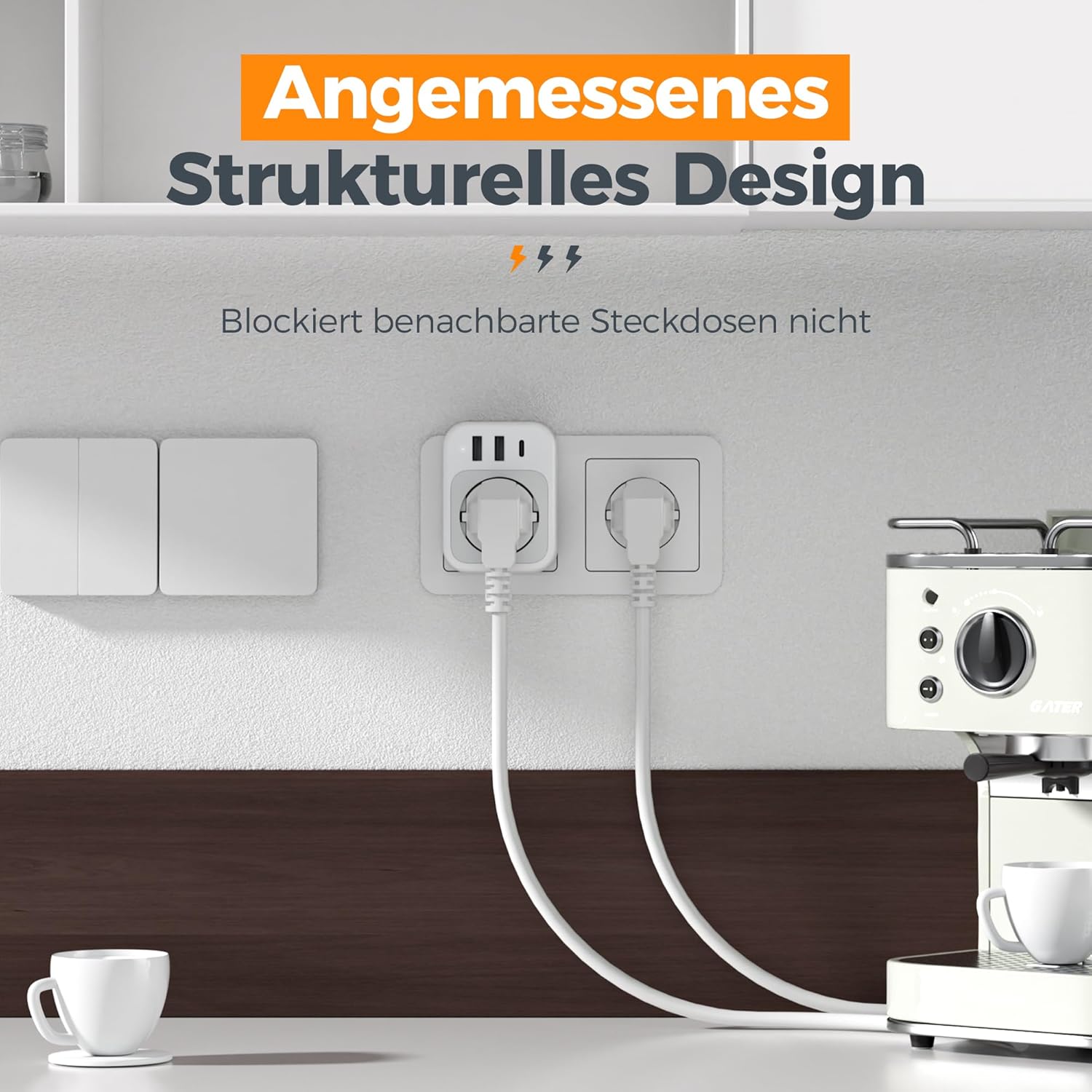 Thumbnail 4 de TESSAN Steckdose mit USB-C und 3 USB (Schuko) – Mehrfachstecker für bis zu 4 Geräte, grau