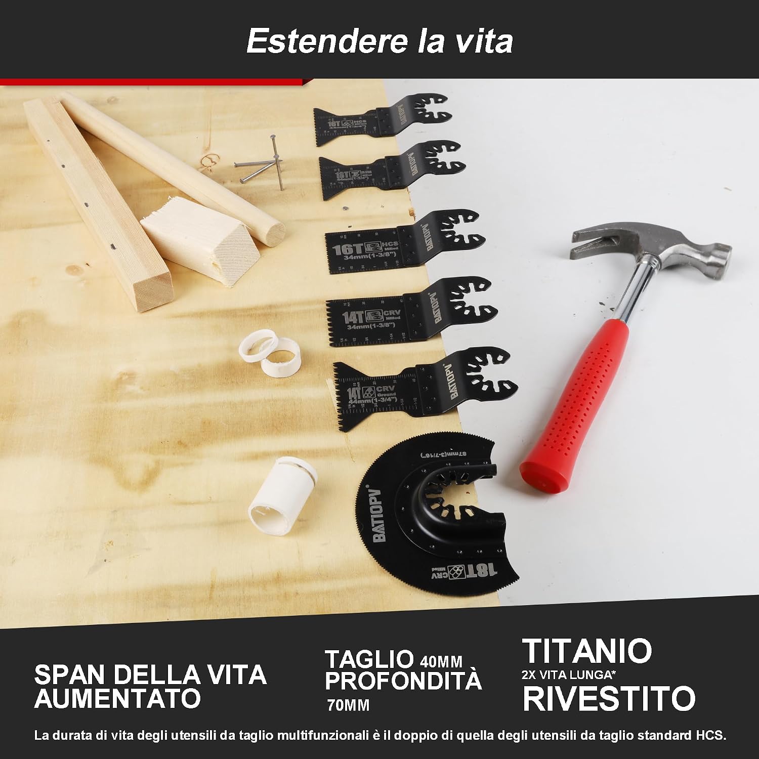 Detalle de Set BATIOPV da 22 lame per utensile multifunzione con attacchi universali