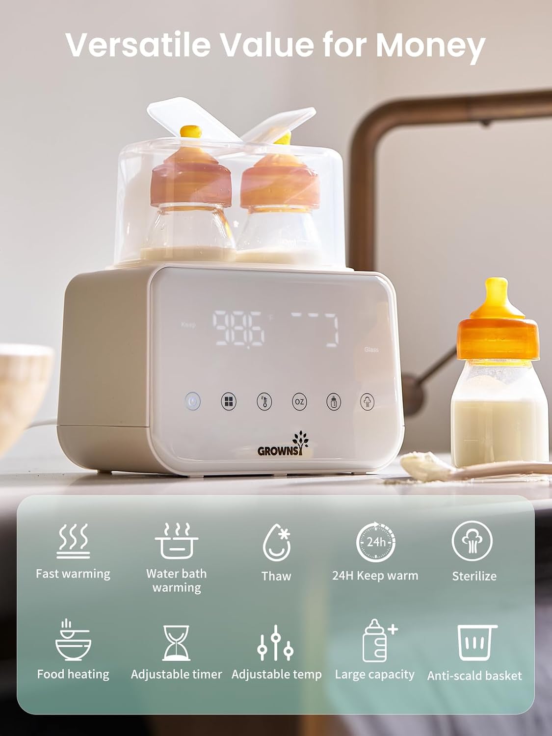 Detalle de GROWNSY Fast Double Baby Bottle Warmer, Beige, 10-in-1 with LCD Display