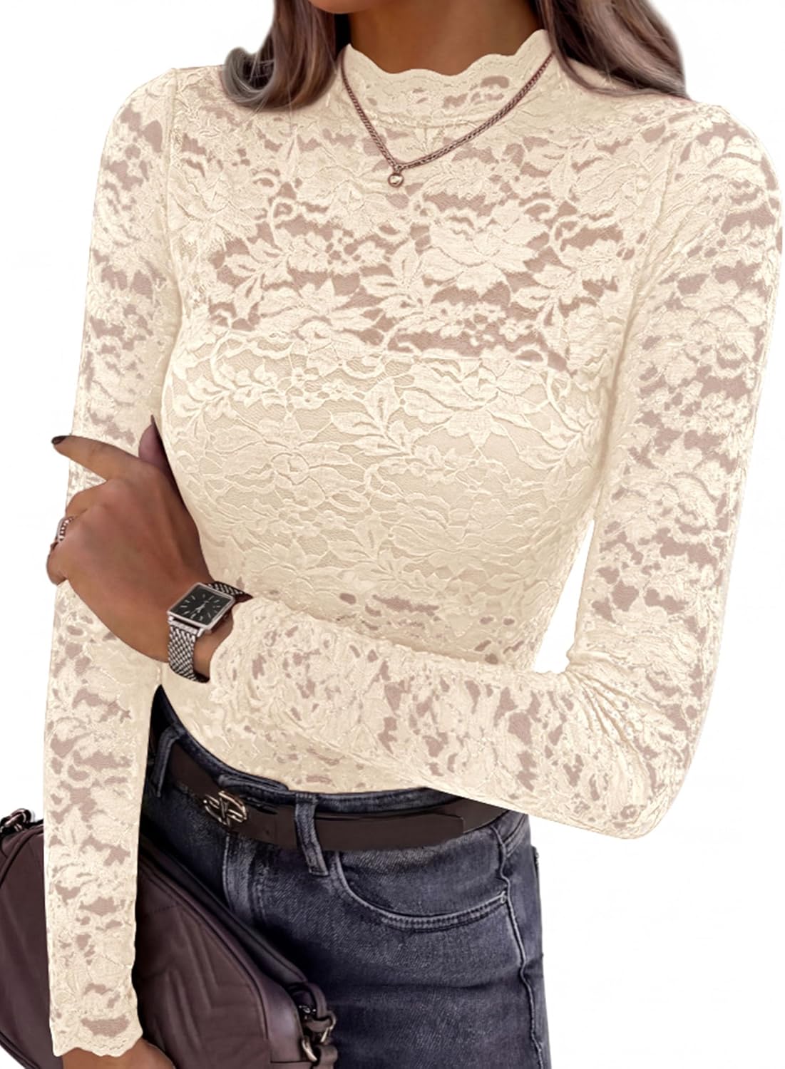 Detalle de PRETTYGARDEN Lace Top, Mock Neck