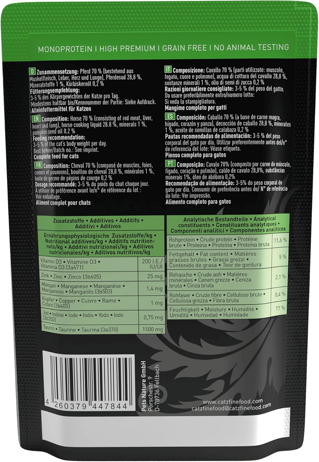 Detalle de catz finefood Purrrr Pferd Monoprotein Katzenfutter Nass N° 123 – 70% Pferdefleisch, 16 x 85 g Beutel