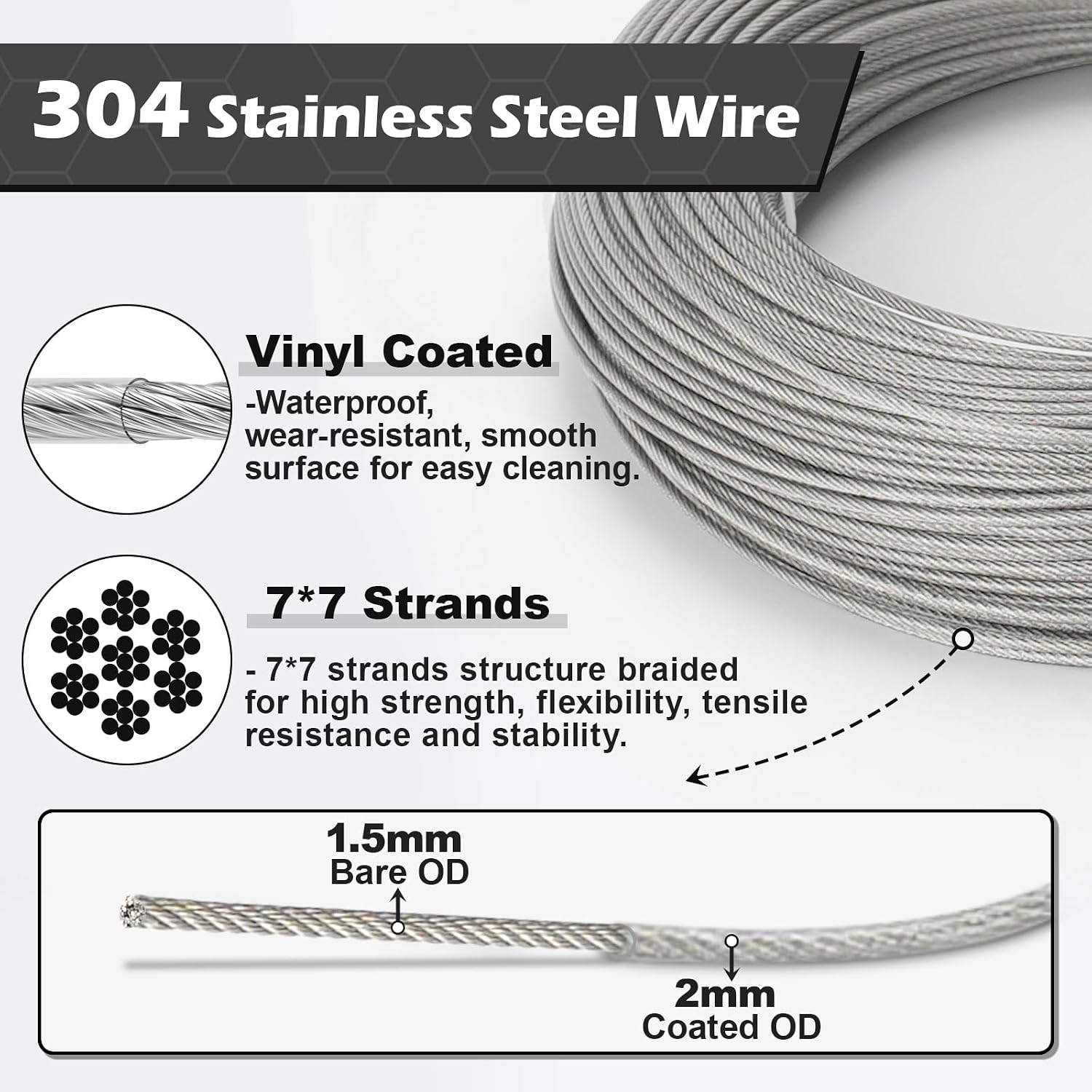 Detalle 2 de TooTaci 2mm Wire Rope Kit (100m) with M4 turnbuckles, rope clamps and vine eyes for outdoor trellis and string lights