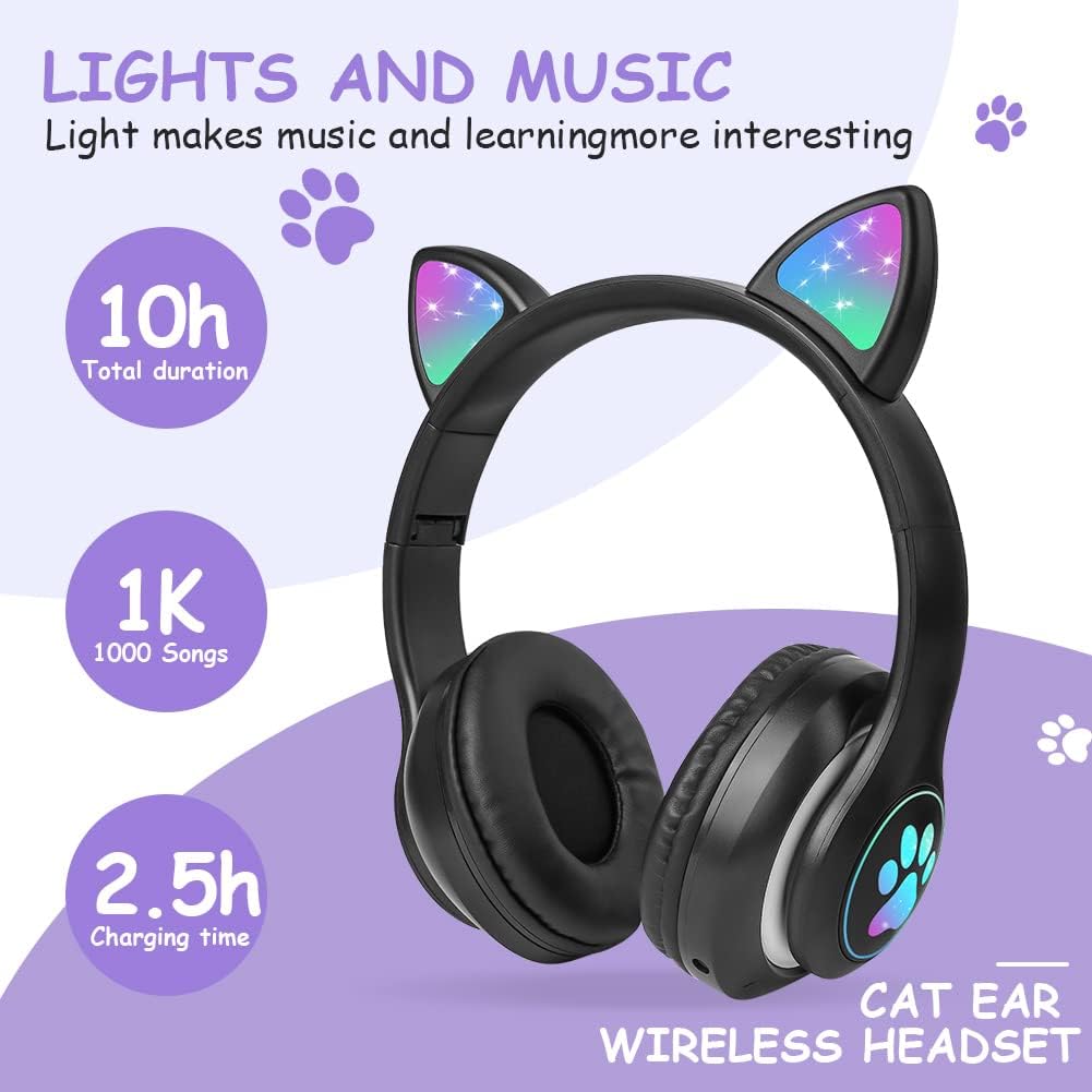 Thumbnail 2 de AXFEE Kinderkopfhörer Bluetooth mit Katzenohren, LED & Mikrofon – faltbare Over-Ear Stereo-Kopfhörer